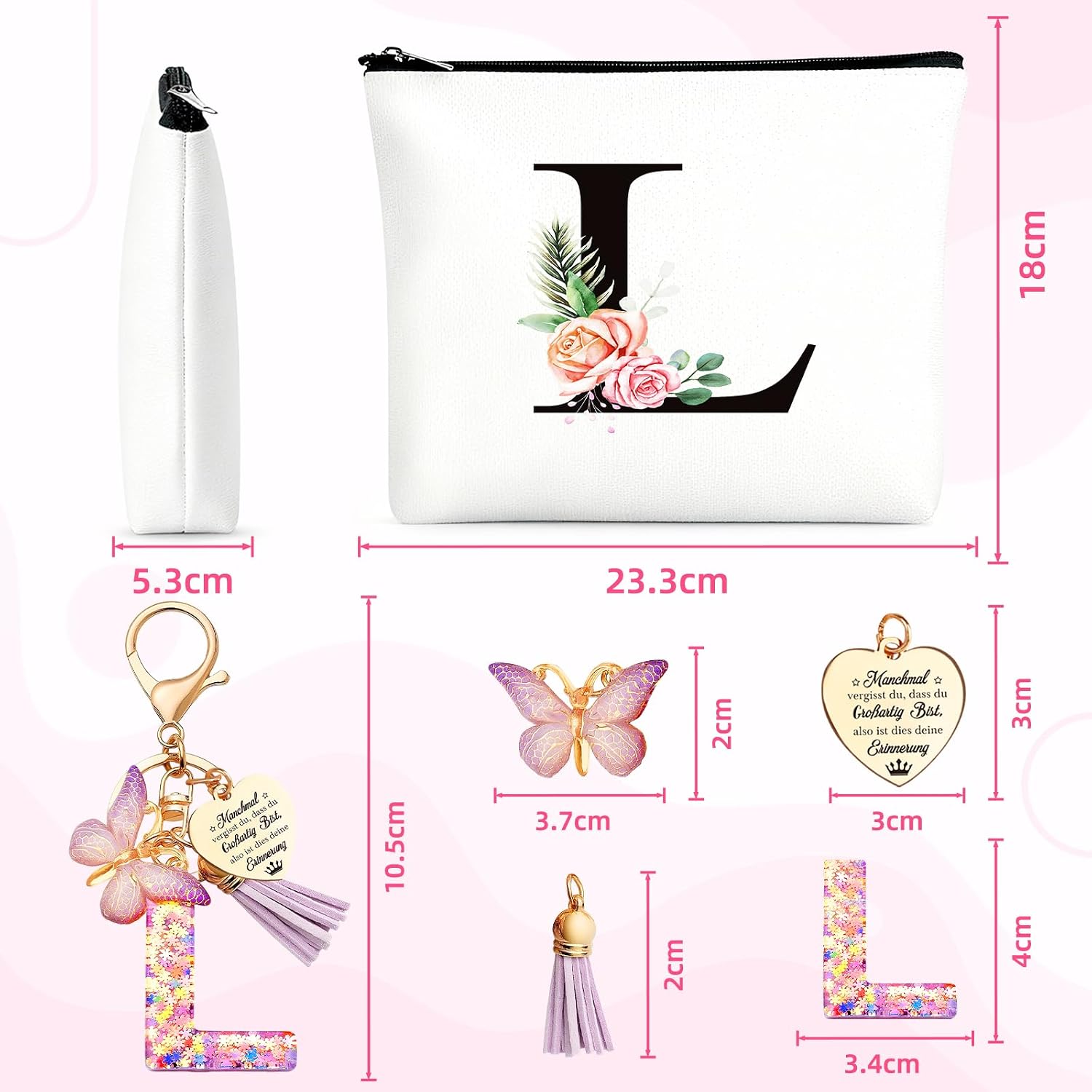 Detalle de TUZELIYA personalisierte Kosmetiktasche mit Buchstaben-Anhänger L – Geschenkidee für Frauen, Mädchen, Mütter & Brautjungfern