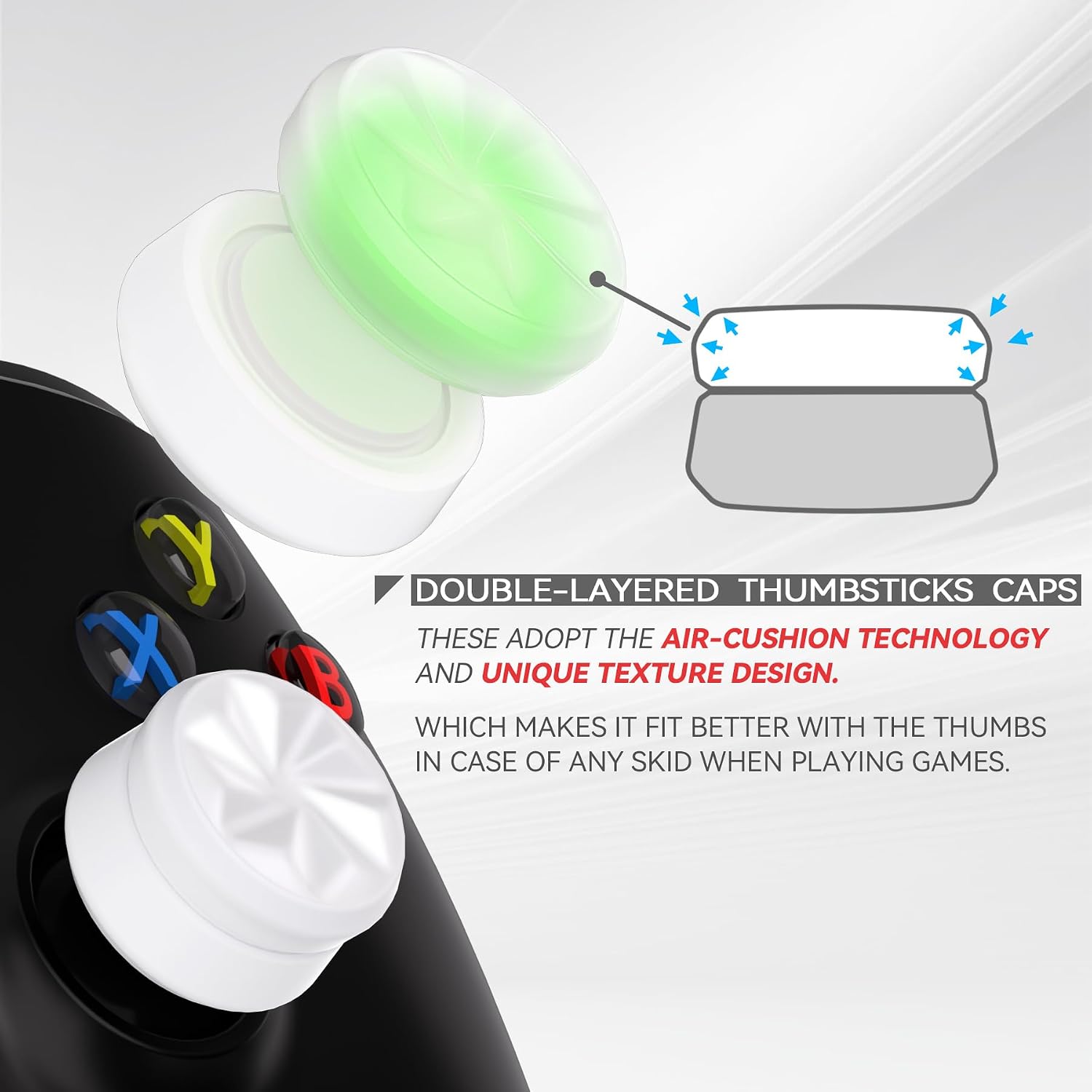 Detalle 2 de PlayVital 3 Height Hurricane thumb grips caps (white) for PS5, PS4, Xbox and Switch Pro controllers