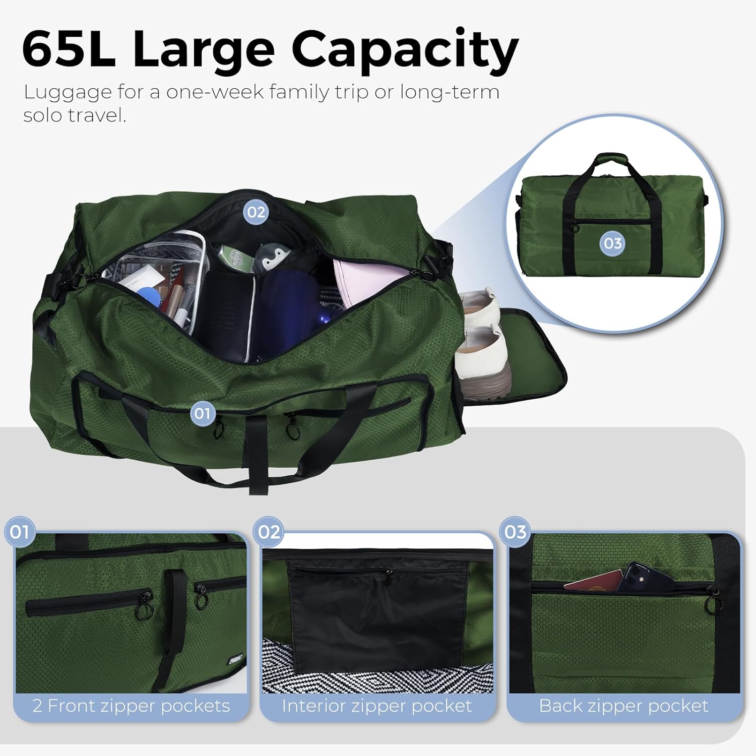 Detalle 2 de Fmeida Sportasche XXL 65L – Reisetasche Grün, 62×29×35 cm, praktischer Weekender mit Schuhfach