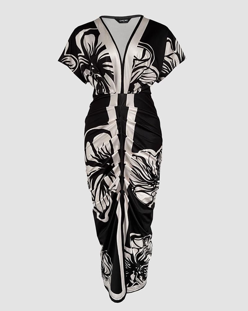 Detalle de CHICME Floral Print Plunge V-Neck Midi Dress for Women