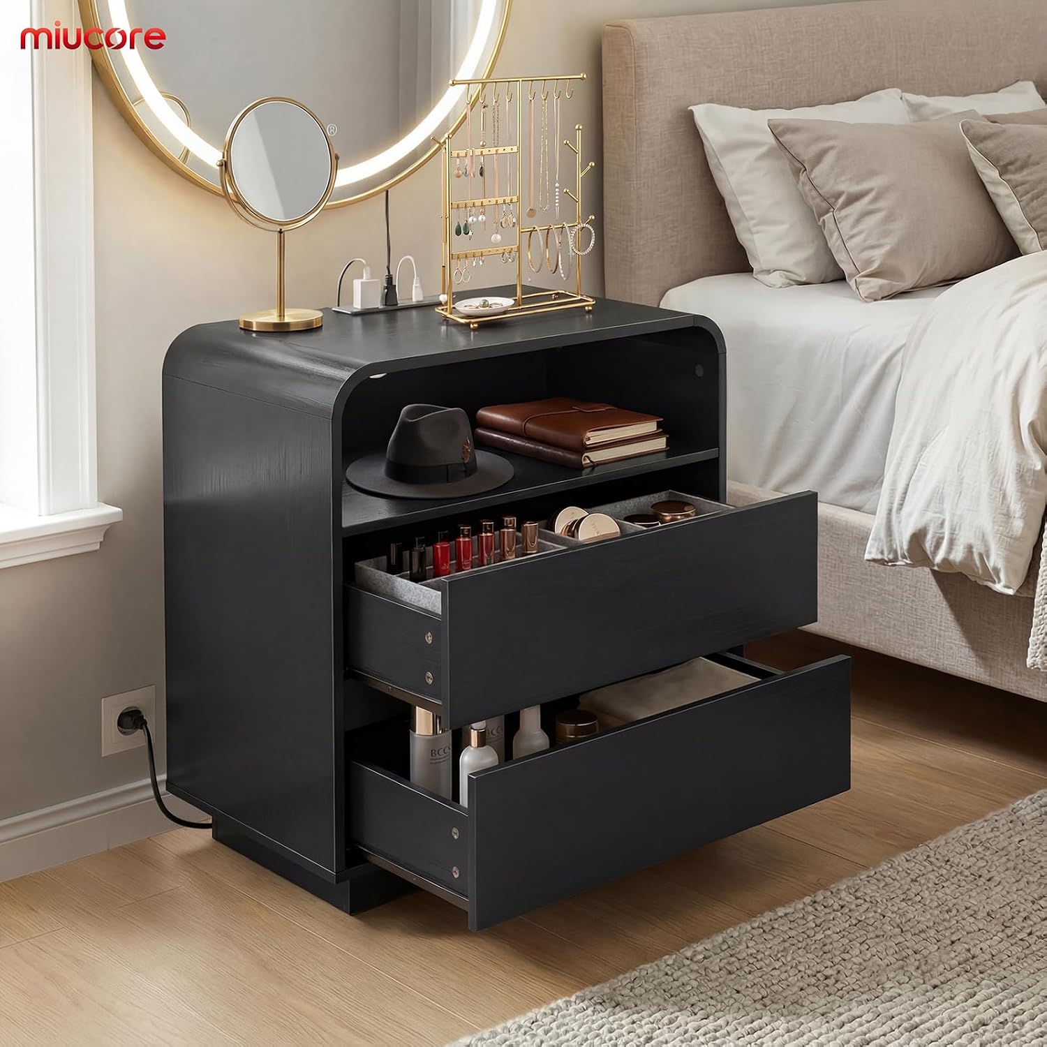 Thumbnail 6 de Miucore 25" Tall Modern Nightstand with Charging Station, 2 Drawers, Black