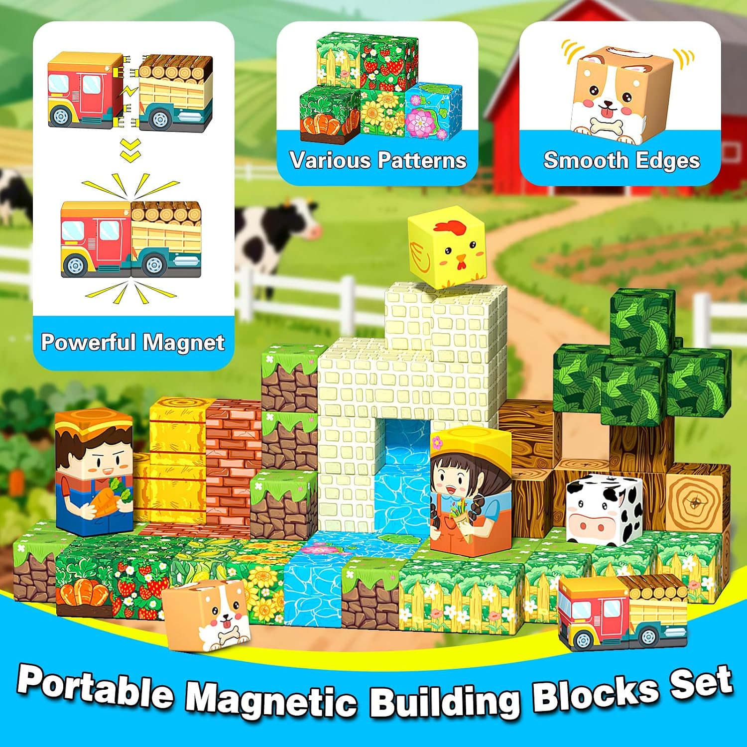 Detalle de Mini Magnetic Blocks Farm Magnetic Building Cubes Set (40 Pieces) with Portable Iron Box