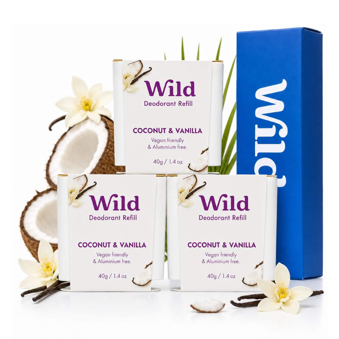 Detalle de Wild Nachfüllbares Deo – Coconut & Vanilla 3er-Pack (40 g × 3) – vegan, aluminium Salzfrei, plastikfrei, lang anhaltender Schutz