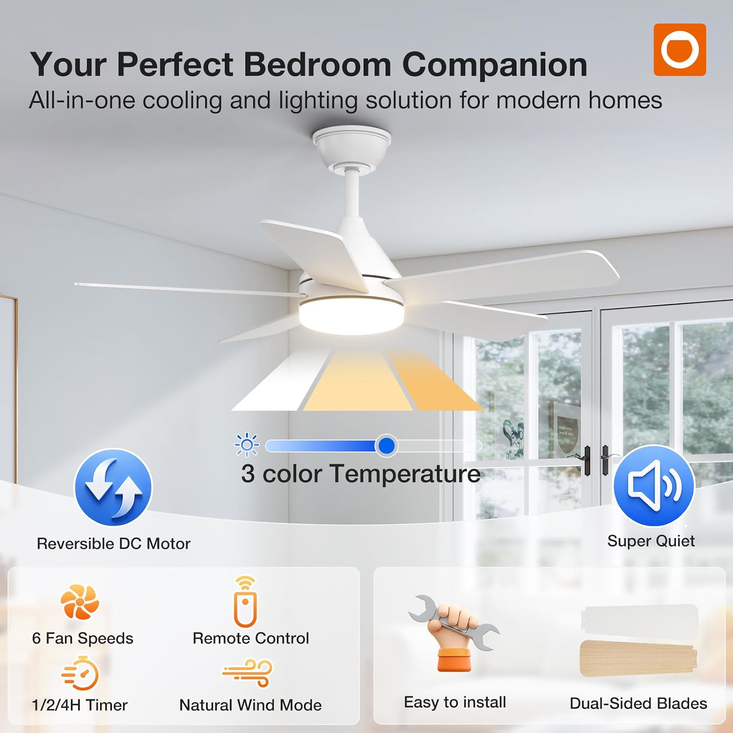 Detalle de addlon KDM42PLY5B03R1 42-Inch White Ceiling Fan with LED Light and Remote