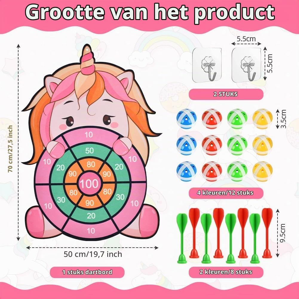 Detalle de Vicloon eenhoorn-dartbord voor kinderen met kleefballen en klittenbandpijlen
