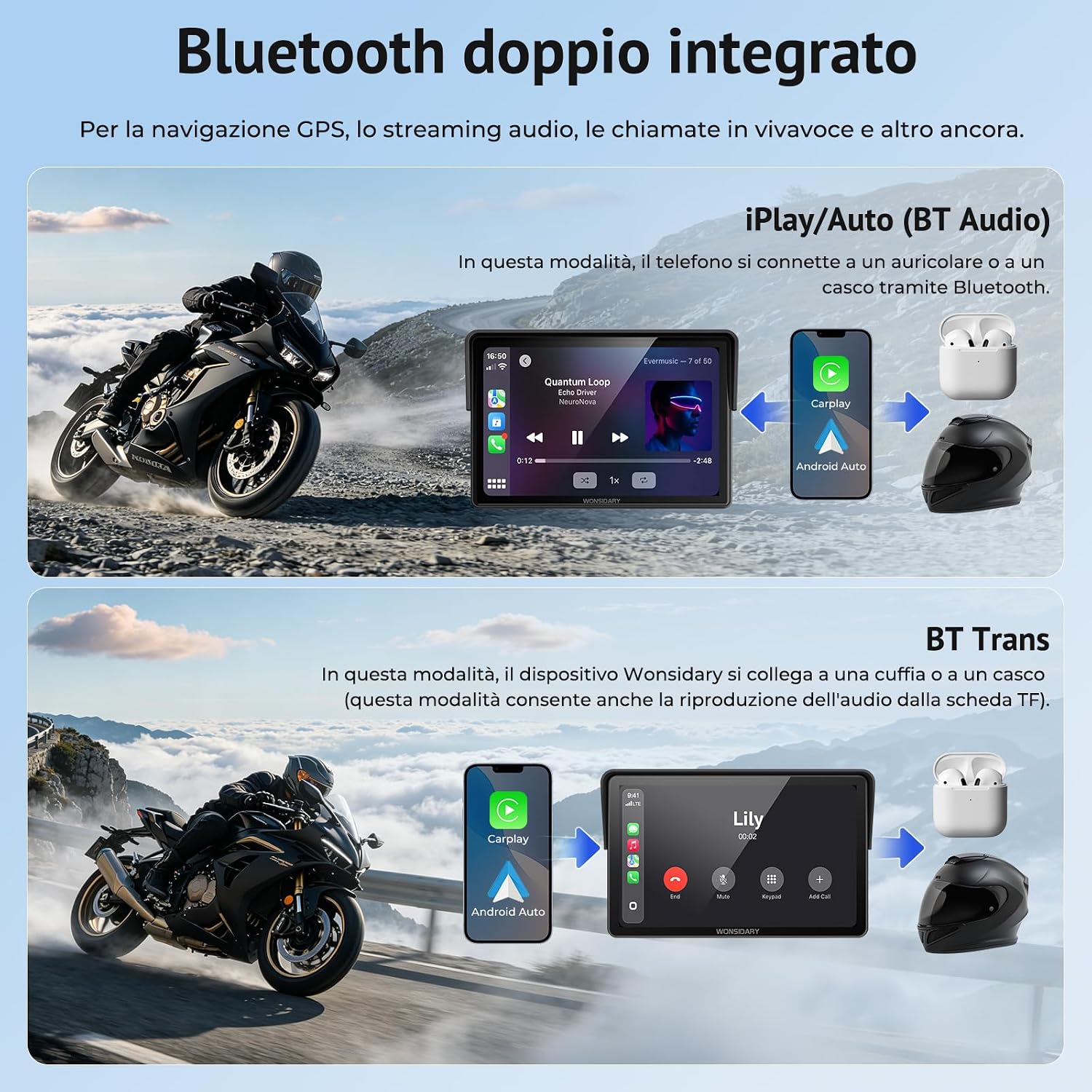 Detalle de Wonsidary W522TPMS: Schermo Moto CarPlay Wireless da 5'' con TPMS, IP67 e Audio Bluetooth Doppio