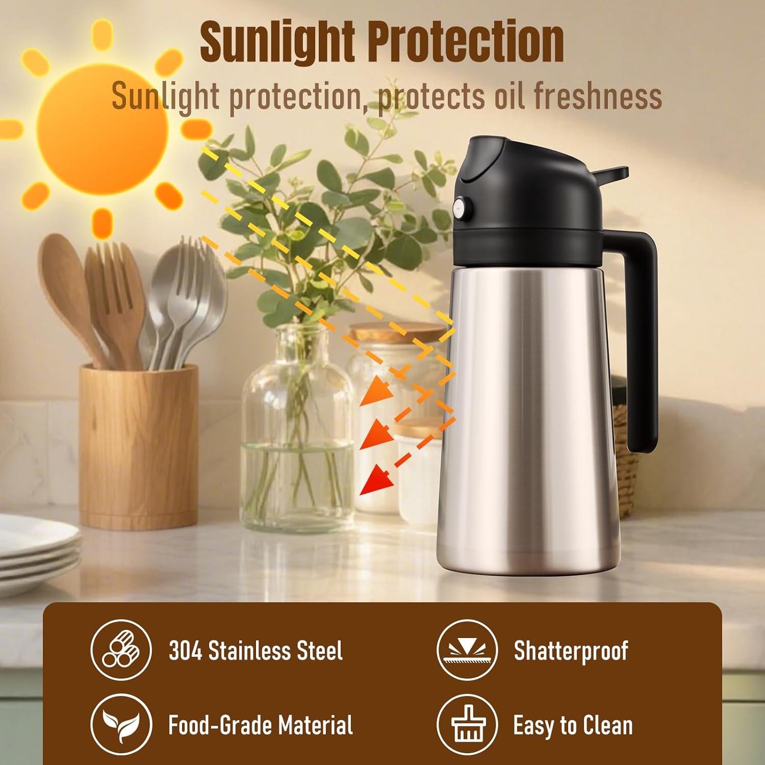 Detalle de PARACITY 2-in-1 Oil Dispenser Bottle: Stainless Steel Shell, Ceramic Interior, Olive Oil Sprayer & Pourer (Black)