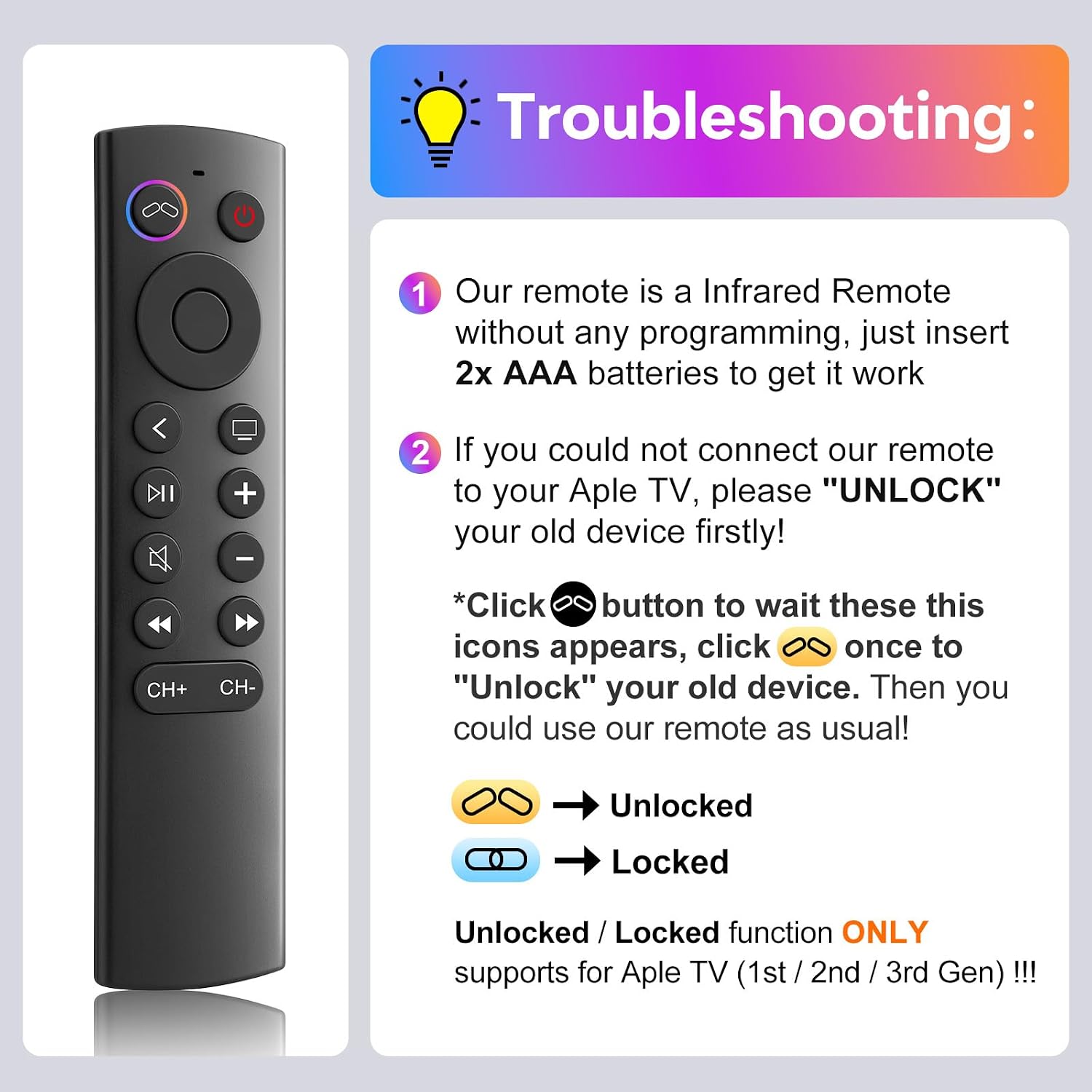 Detalle 2 de Replacement Remote for Apple TV 4K/HD (Not Siri) — 1-Year Warranty