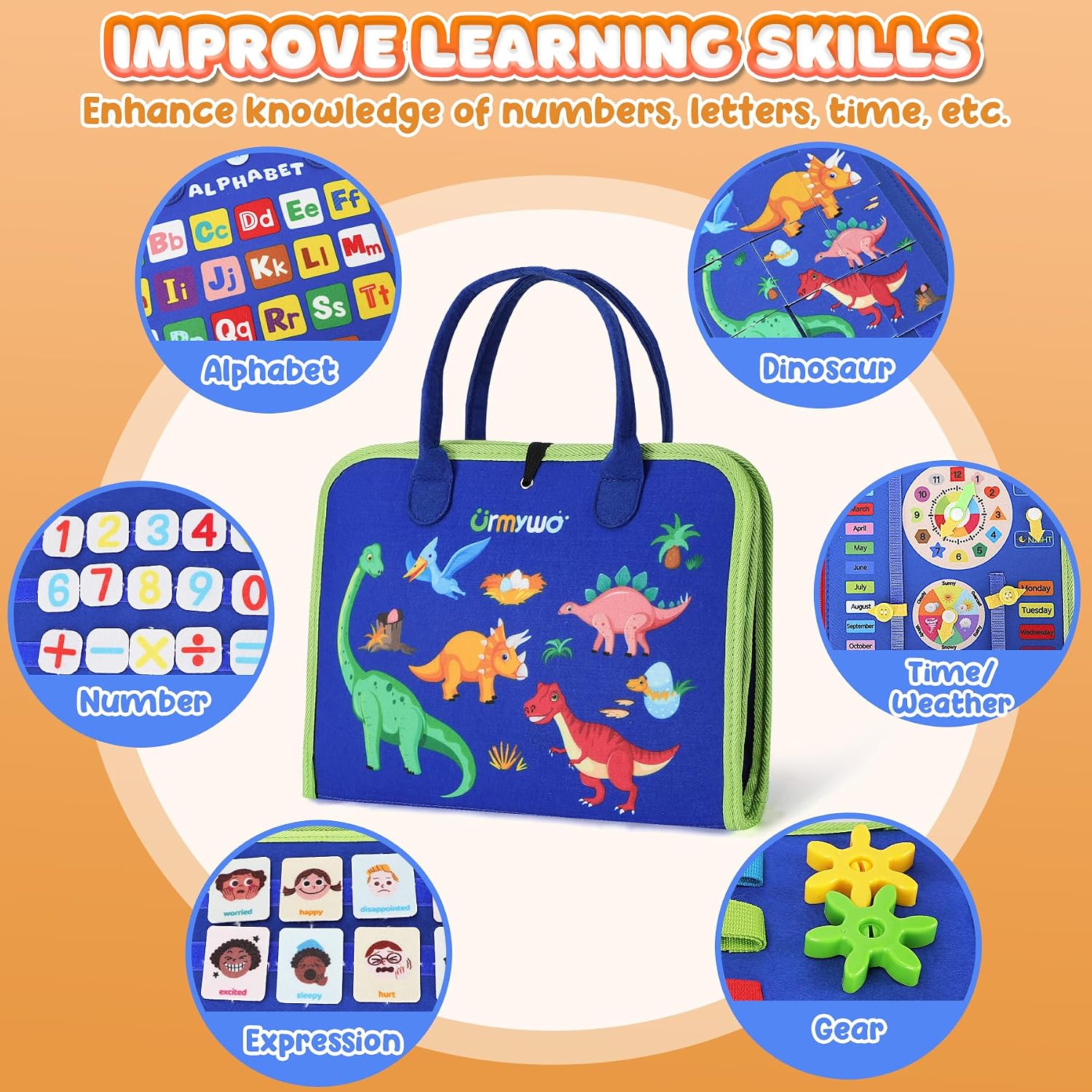 Detalle 2 de URMYWO UMMZBAL Busy Board, 6-Page Fabric Activity Book with Alphabet and Number Activities