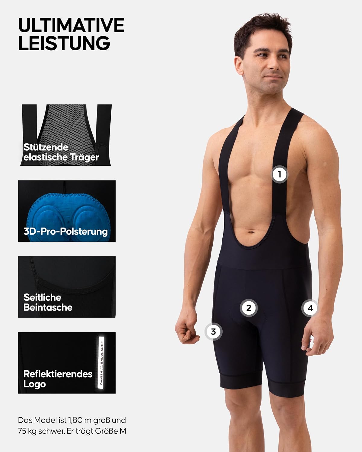 Detalle 2 de DANISH ENDURANCE 3D Pro Bib Shorts für Herren – gepolsterte Trägerhose fürs Rad, schnelltrocknend mit Beintasche