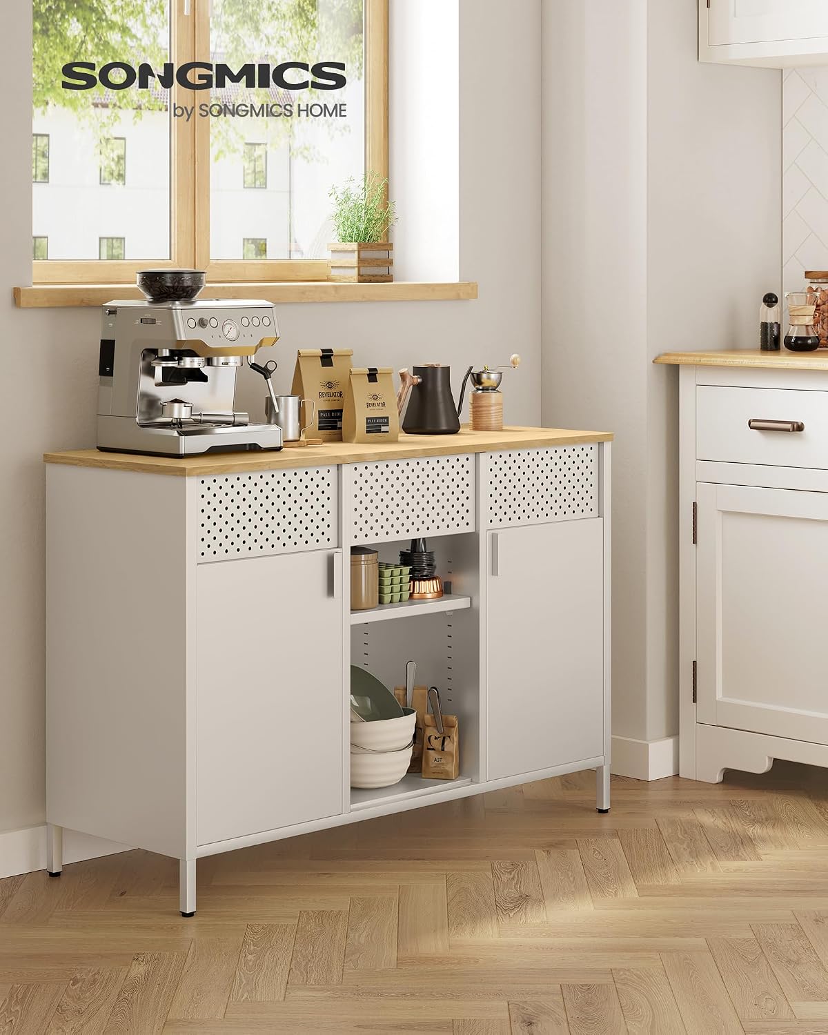 Detalle 2 de SONGMICS Meuble de Rangement Buffet en métal beige sable et chêne