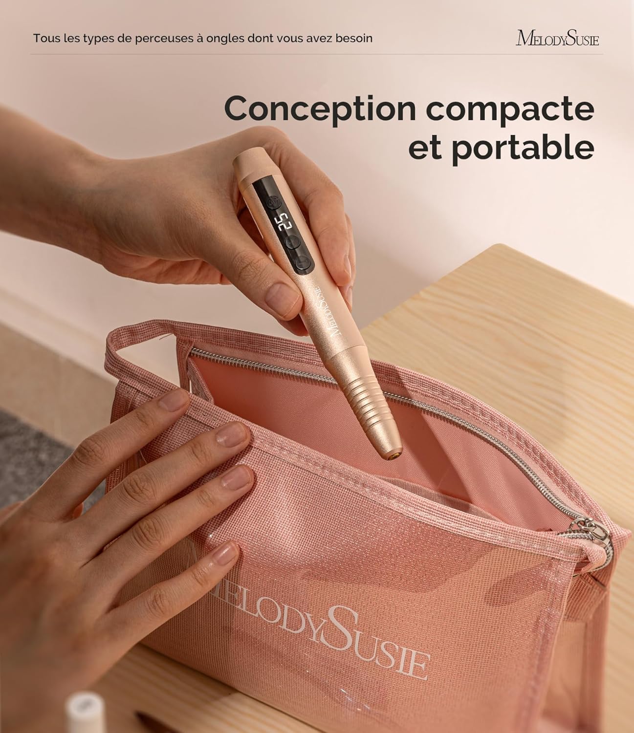 Detalle de MelodySusie Ponceuse pour Ongles Professionnel Sans Fil PC180G Lime Doré — 25000 tr/min, LED et écran, kit mani/pedi