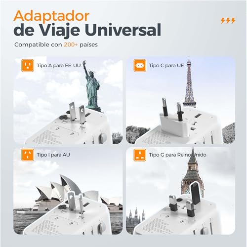 Detalle de TESSAN Adaptador Enchufe Universal 6 en 1 con cable USB‑C retráctil (PD 35 W)