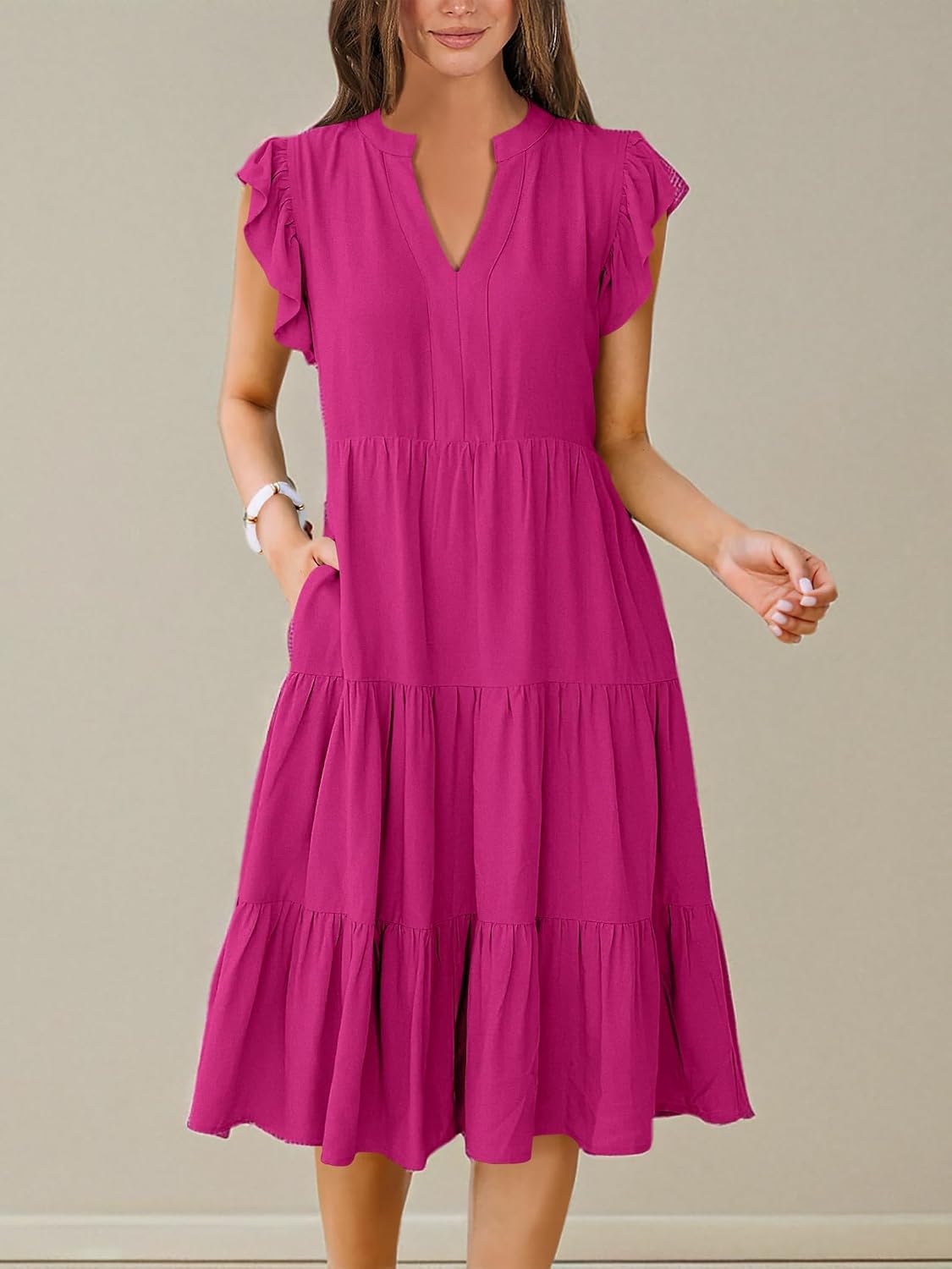 Thumbnail 6 de ANRABESS Women's Summer Dress with Ruffle Sleeves – V-Neck Midi Boho Floral/Solid