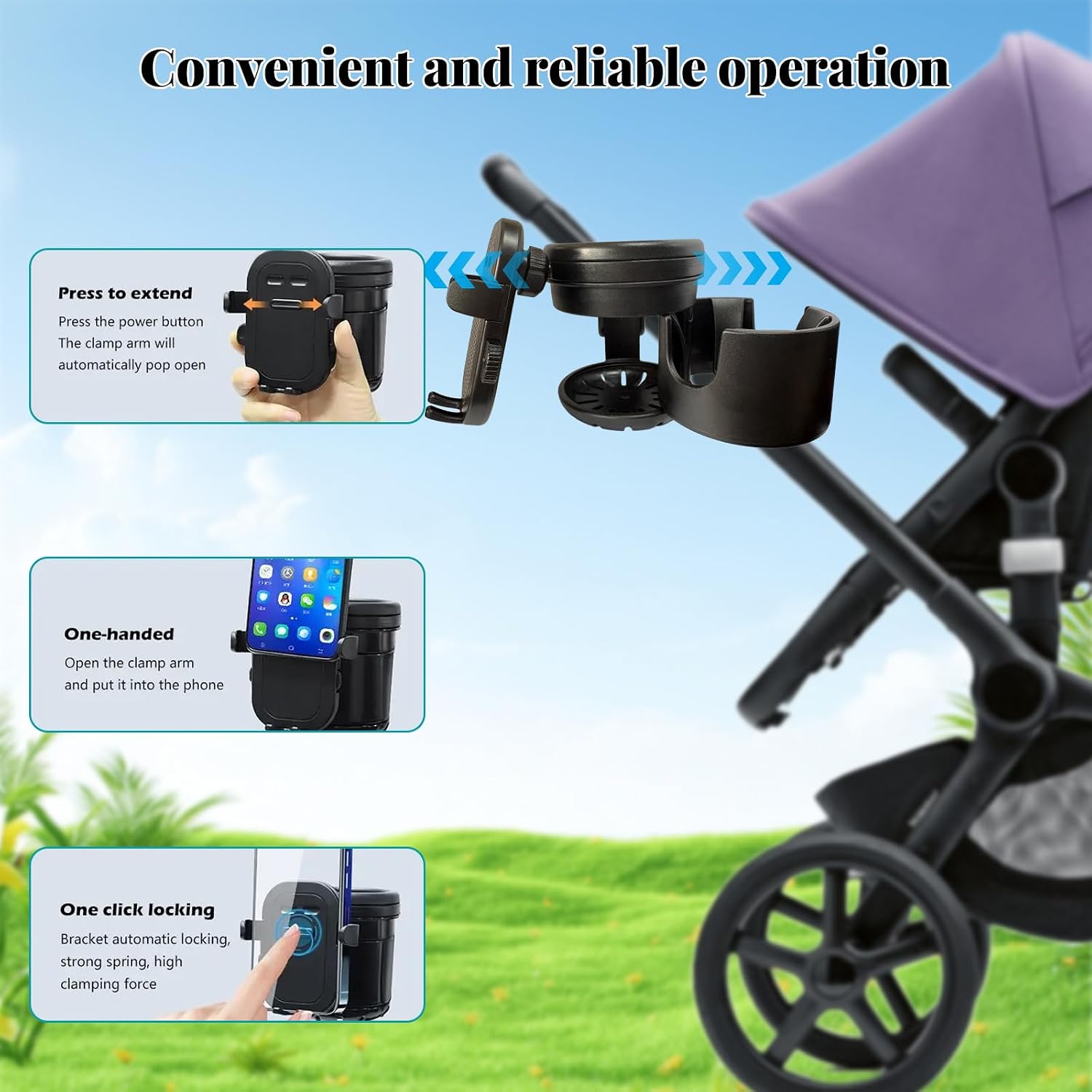 Detalle 2 de Universal Stroller Cup Holder Attachment with Phone Holder (3 in 1) for Prams, Pushchairs, Bikes, Wheelchairs, Walkers & Scooters