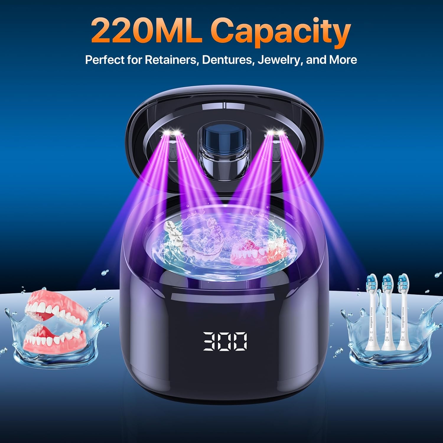Thumbnail 4 de Ultrasonic Retainer Cleaner Machine — 49KHz, 220ML, 4-Mode UV + Ultrasonic Cleaner (Black)