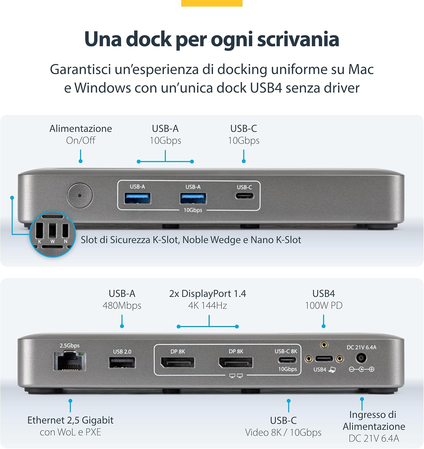 Detalle 2 de StarTech Dock USB4 Universale Doppio: Dual 4K/Single 8K con 100W PD per multi-monitor
