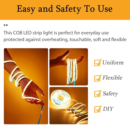 Detalle de Kimuwote Tira LED COB 3 m USB 5 V, 960 LED, 3000 K, atenuable y fácil de instalar