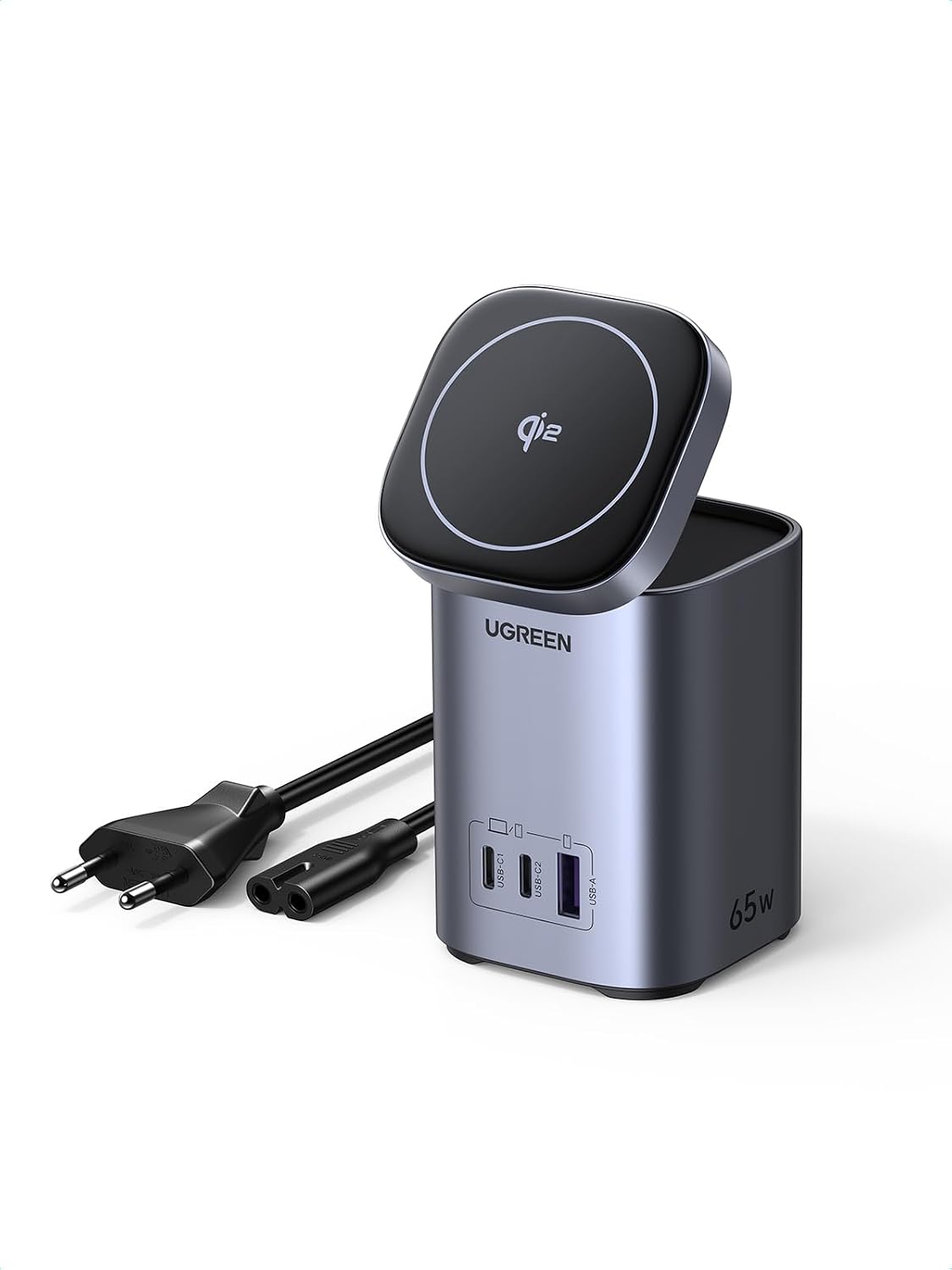 Detalle de UGREEN Nexode 65W laadstation met Qi2 15W, magnetische pad en standaard