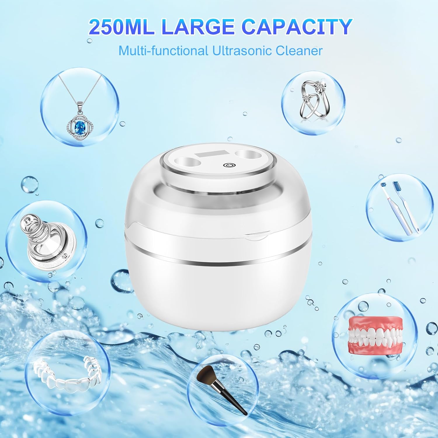 Detalle de LVYOUIF Pulitore Ultrasuoni 50000Hz con UV e 4 Modalità – pulizia profonda per protesi, gioielli e accessori, 250 ml