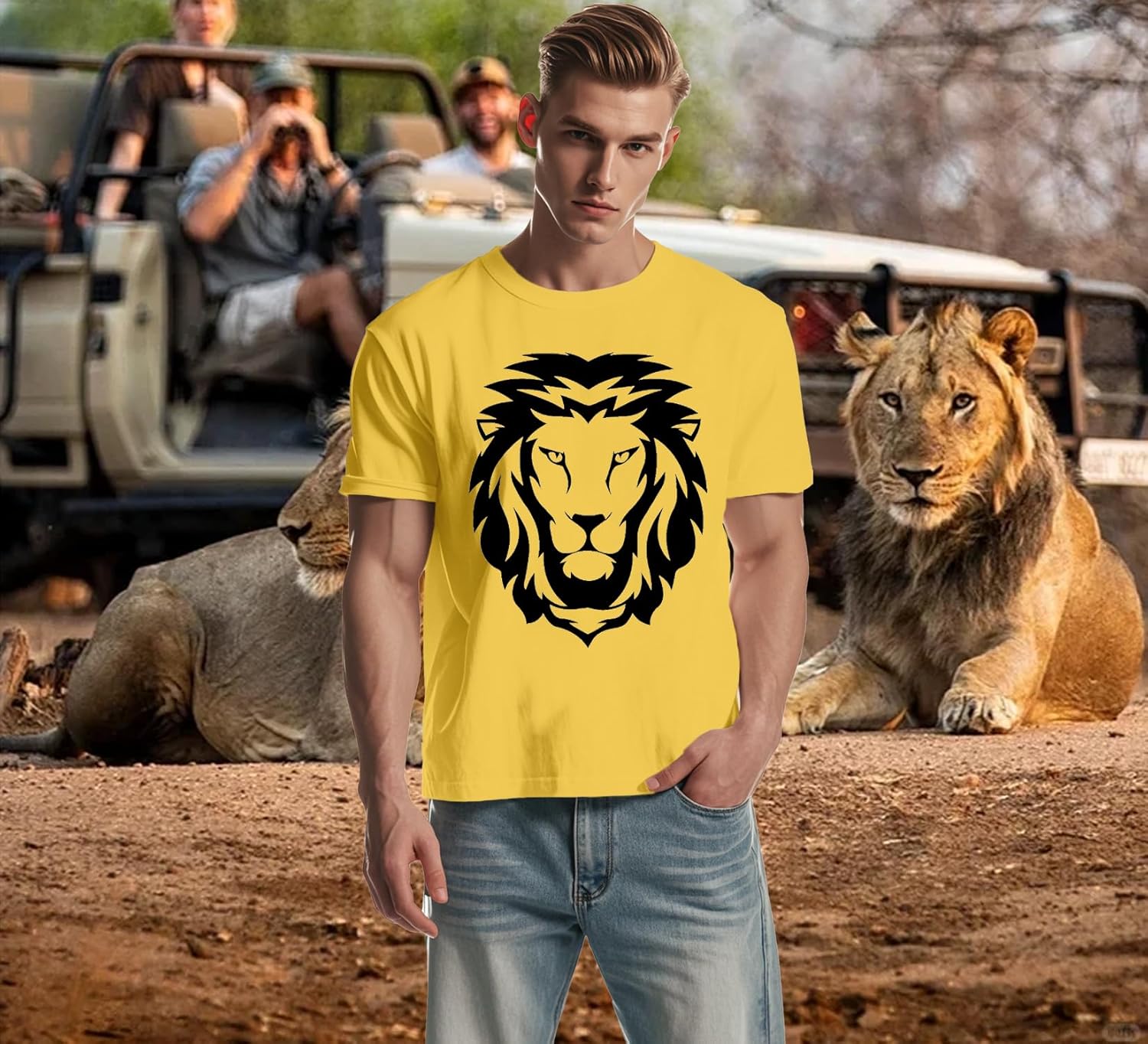 Detalle de Qskall Mens Lion Face T Shirt – Africa Lions Print Tee