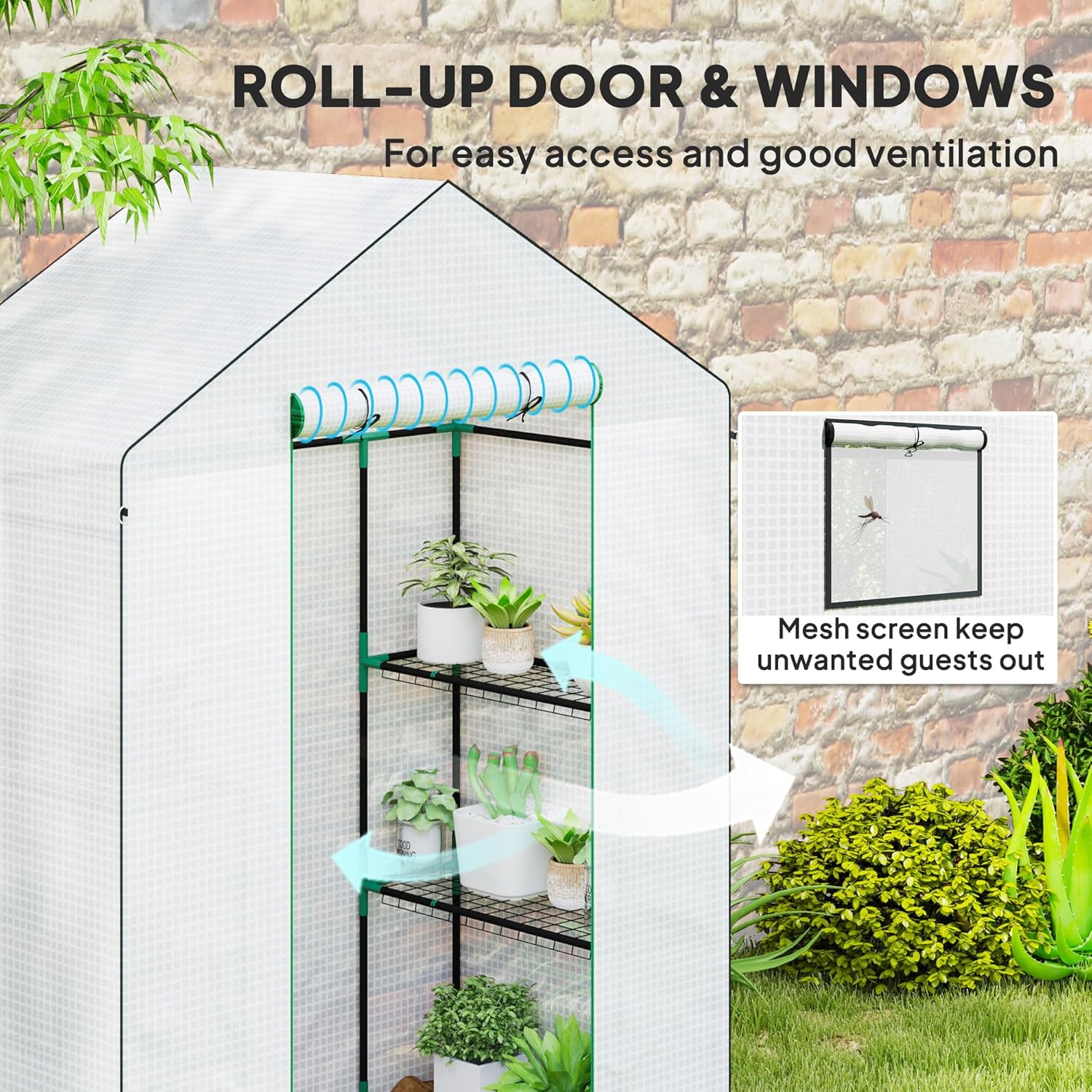 Thumbnail 4 de Outsunny Walk-in Greenhouse with Reinforced PE Cover, 3 Tier Shelves and Roll-up Door (143 x 74 x 190 cm)