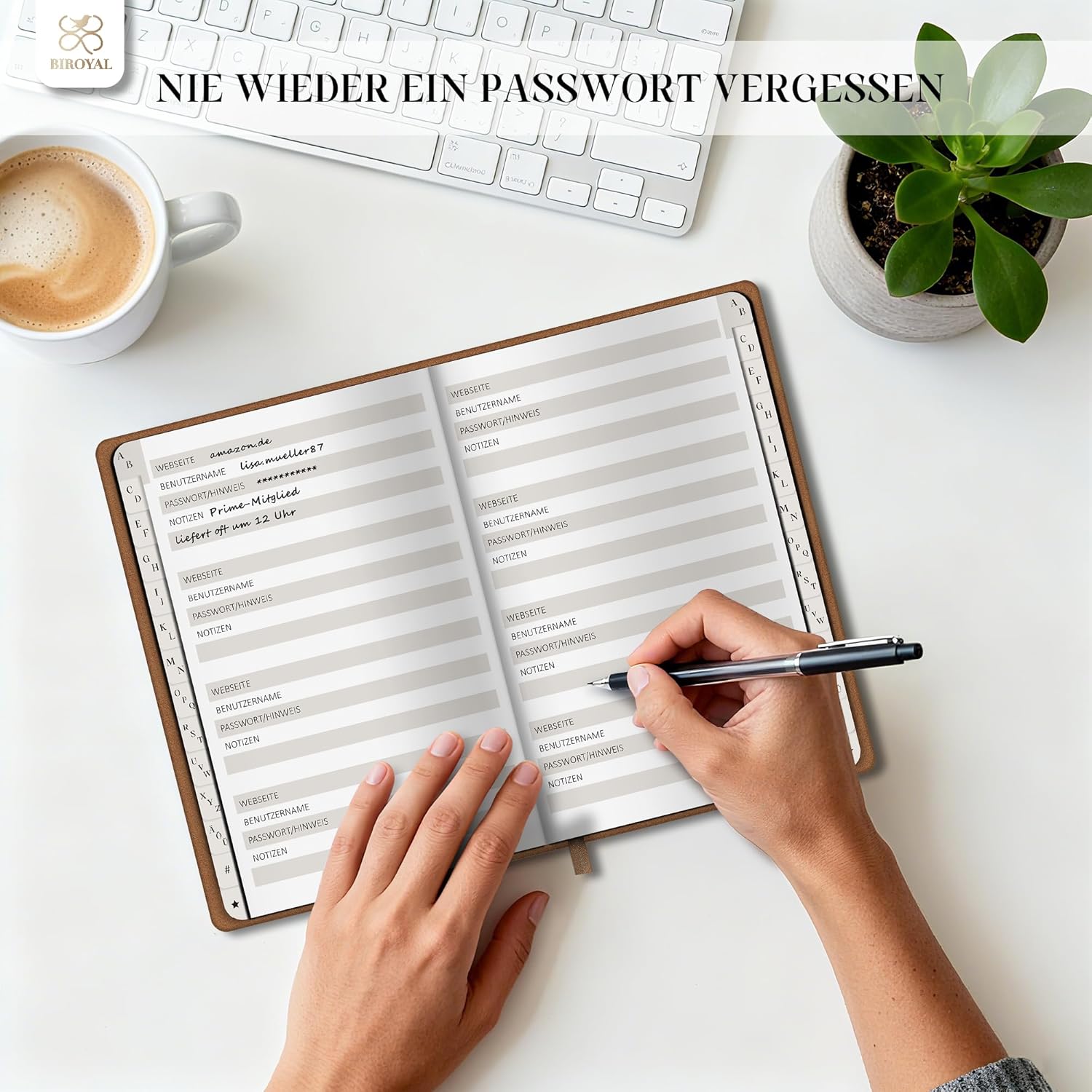 Thumbnail 5 de BIROYAL Passwort Buch Deutsch (A5) mit Register A–Z – Hardcover Notizbuch für Websites, Benutzernamen & Passwörter