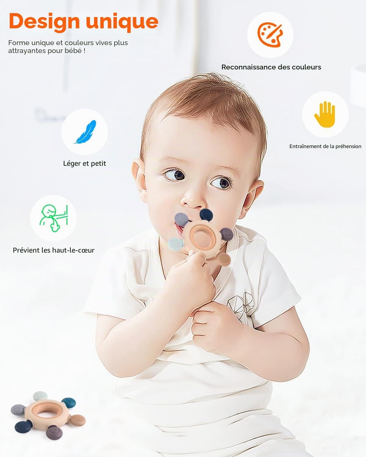 Detalle de akolik Anneau de Dentition pour Bébé – Silicone et Bois, Sans BPA, 3–12 mois
