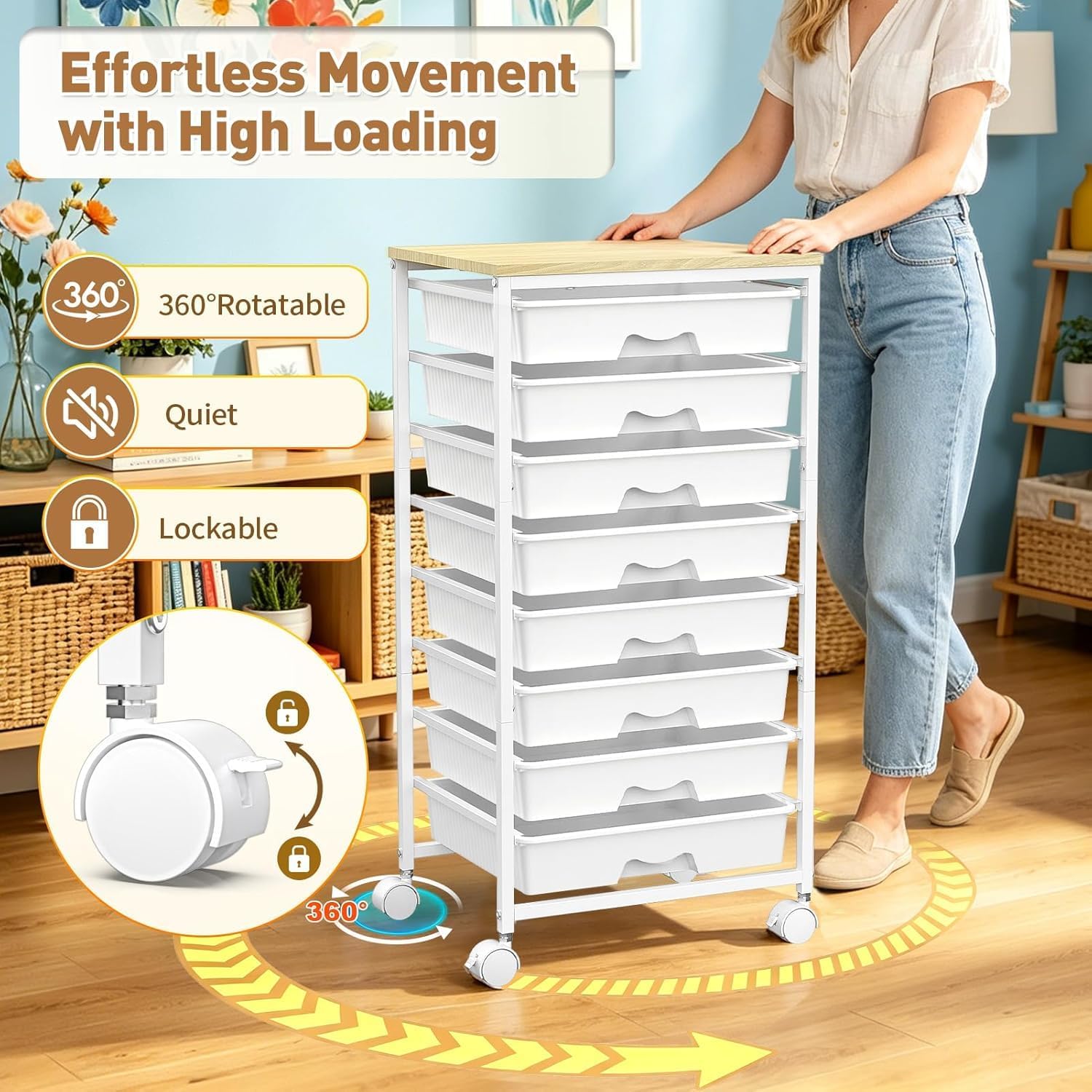 Detalle 2 de SUNALLY SN-SDC08W 8-Drawer Rolling Storage Cart with Wooden Top, White