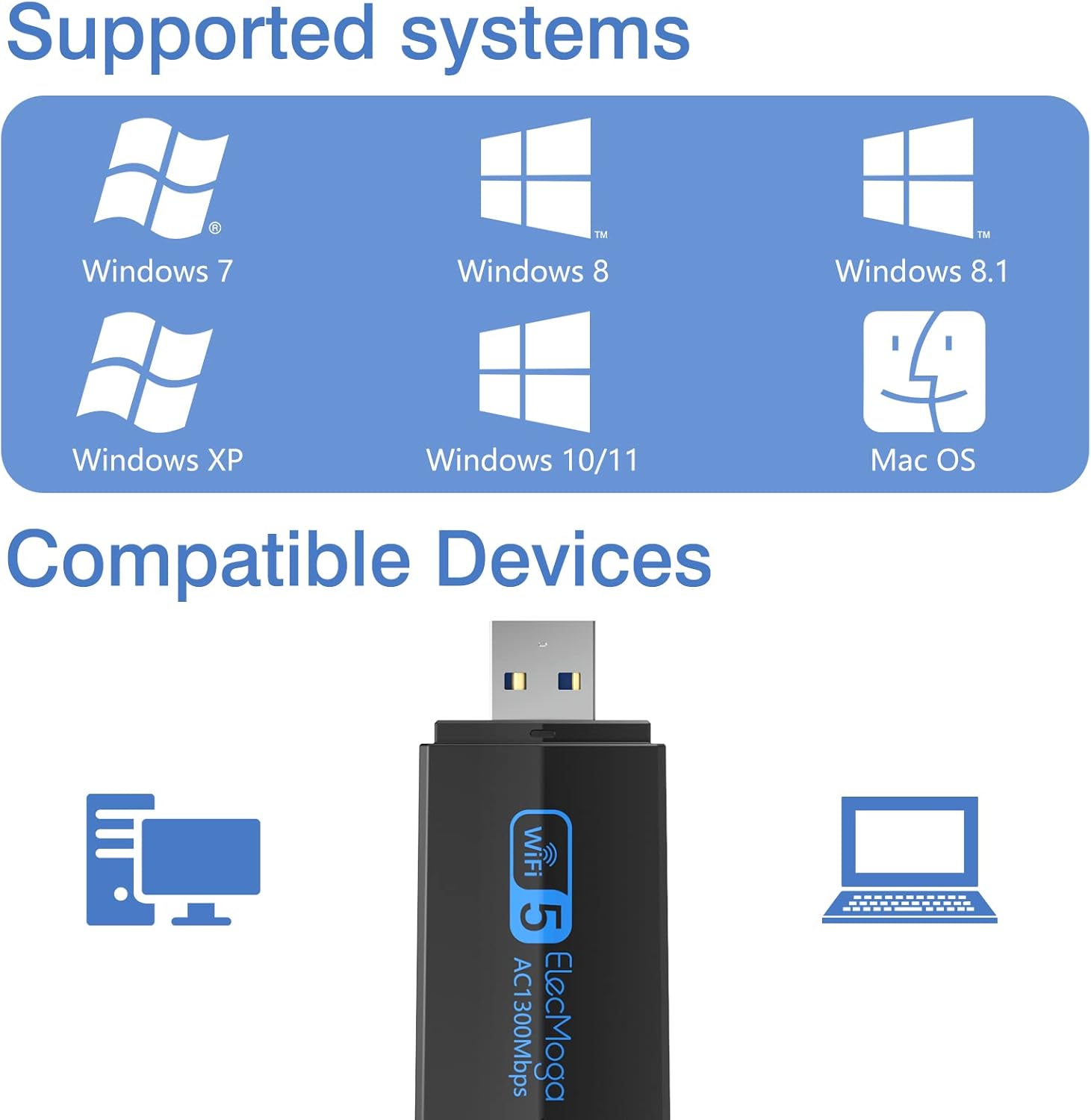 Thumbnail 2 de ElecMoga USB Wifi Dongle 1300Mbps dual-band 📡