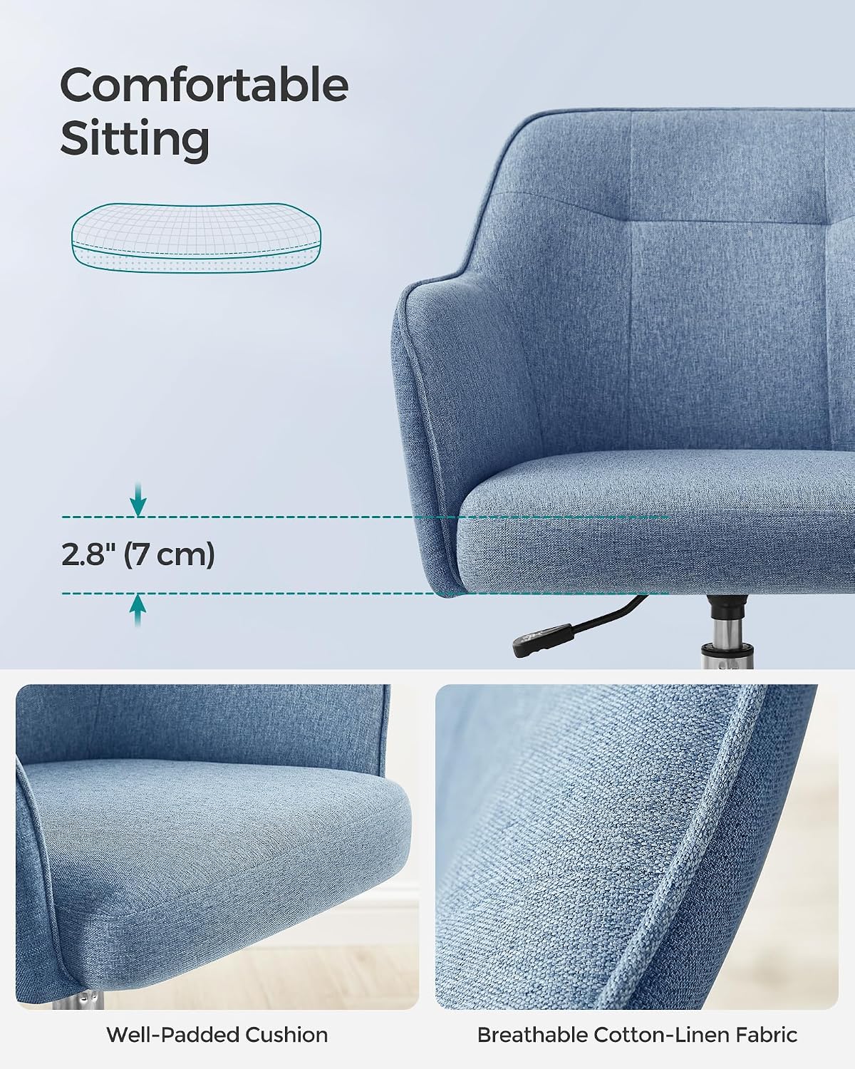 Detalle de SONGMICS OBG019Q11 Ergonomic Swivel Office Chair, Misty Blue Fabric