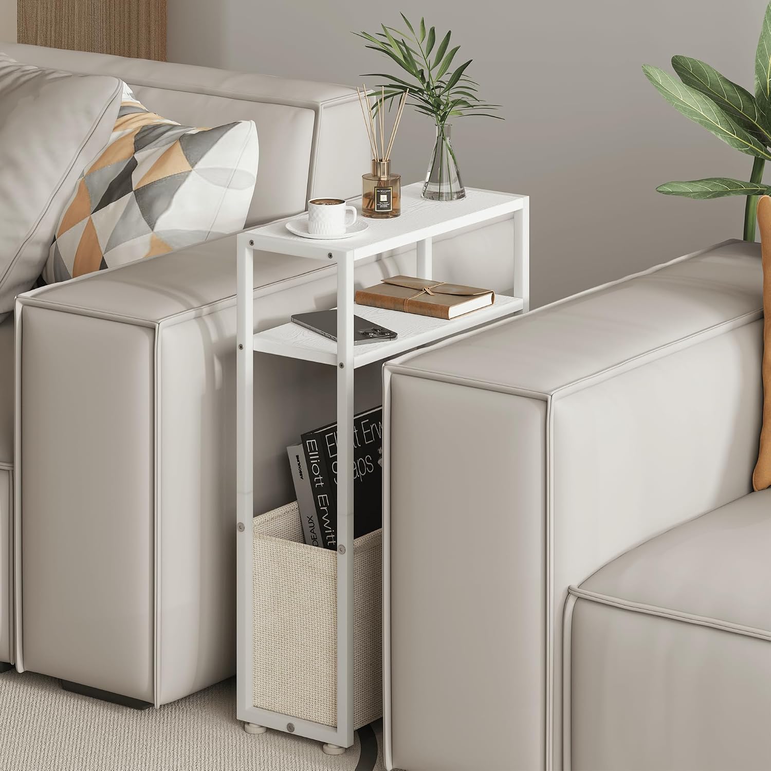 Detalle 2 de Leomonio Narrow Side Table, White and Camel Brown