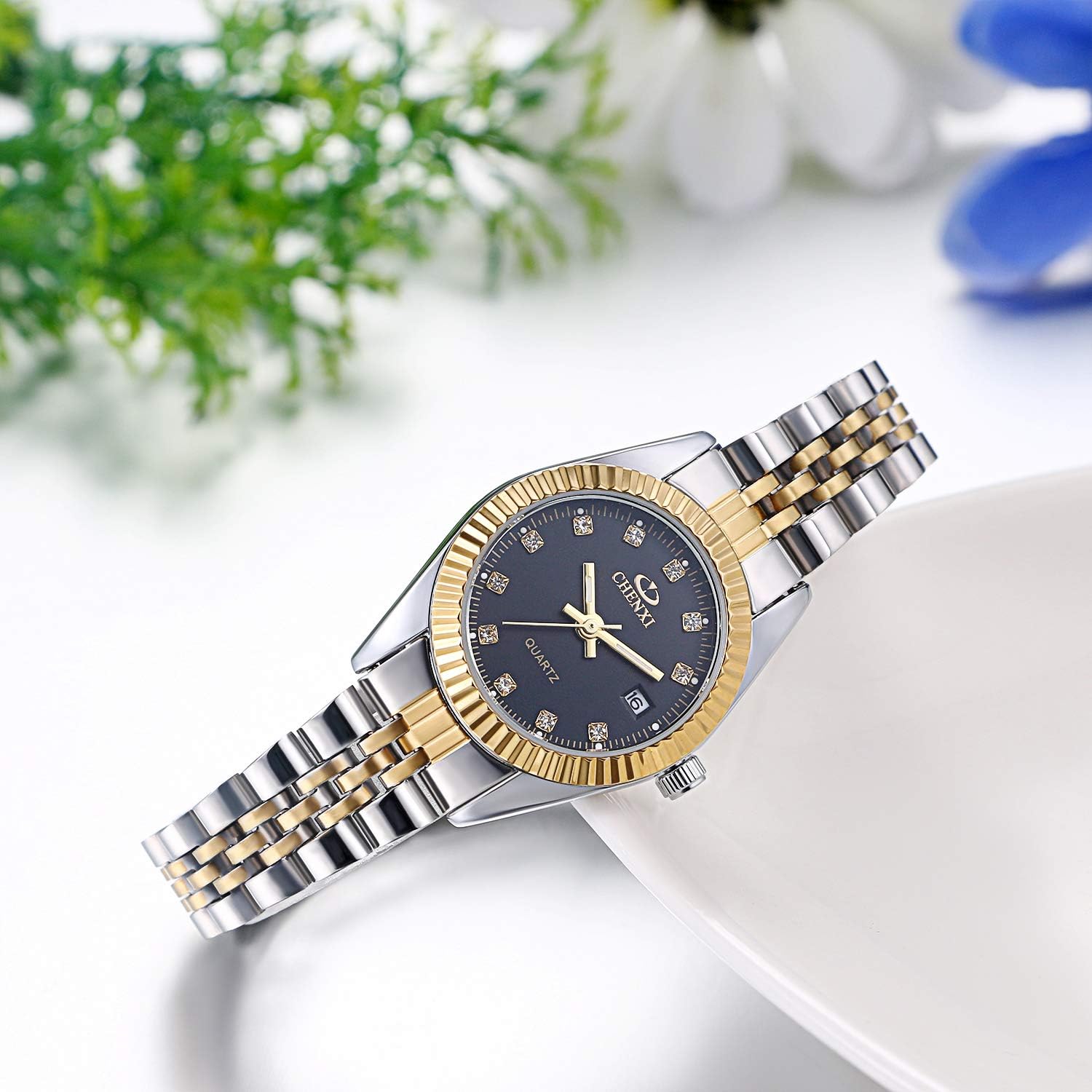 Detalle 2 de JewelryWe Paar Uhr Analog Quarz Kalender 30M Wasserdicht – Edelstahl, Strass, Geschenkbox