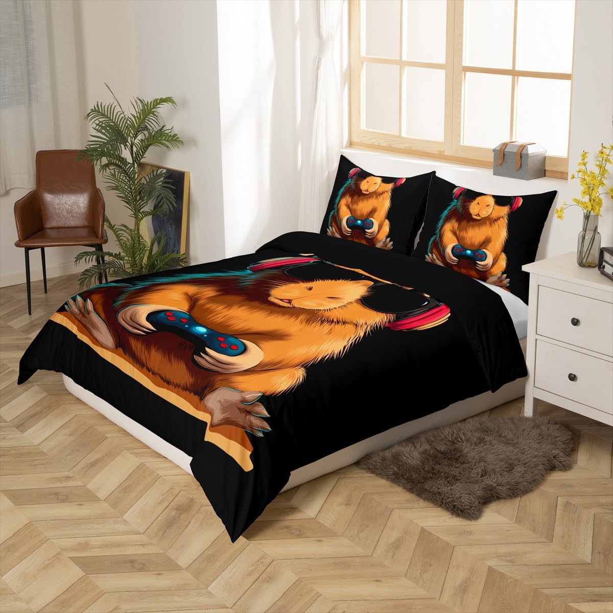 Detalle de Homewish Gaming Capybara Bettwäsche-Set 200x200 cm – Capybara & Gaming Design, 2 Kissenbezüge 80x80 cm