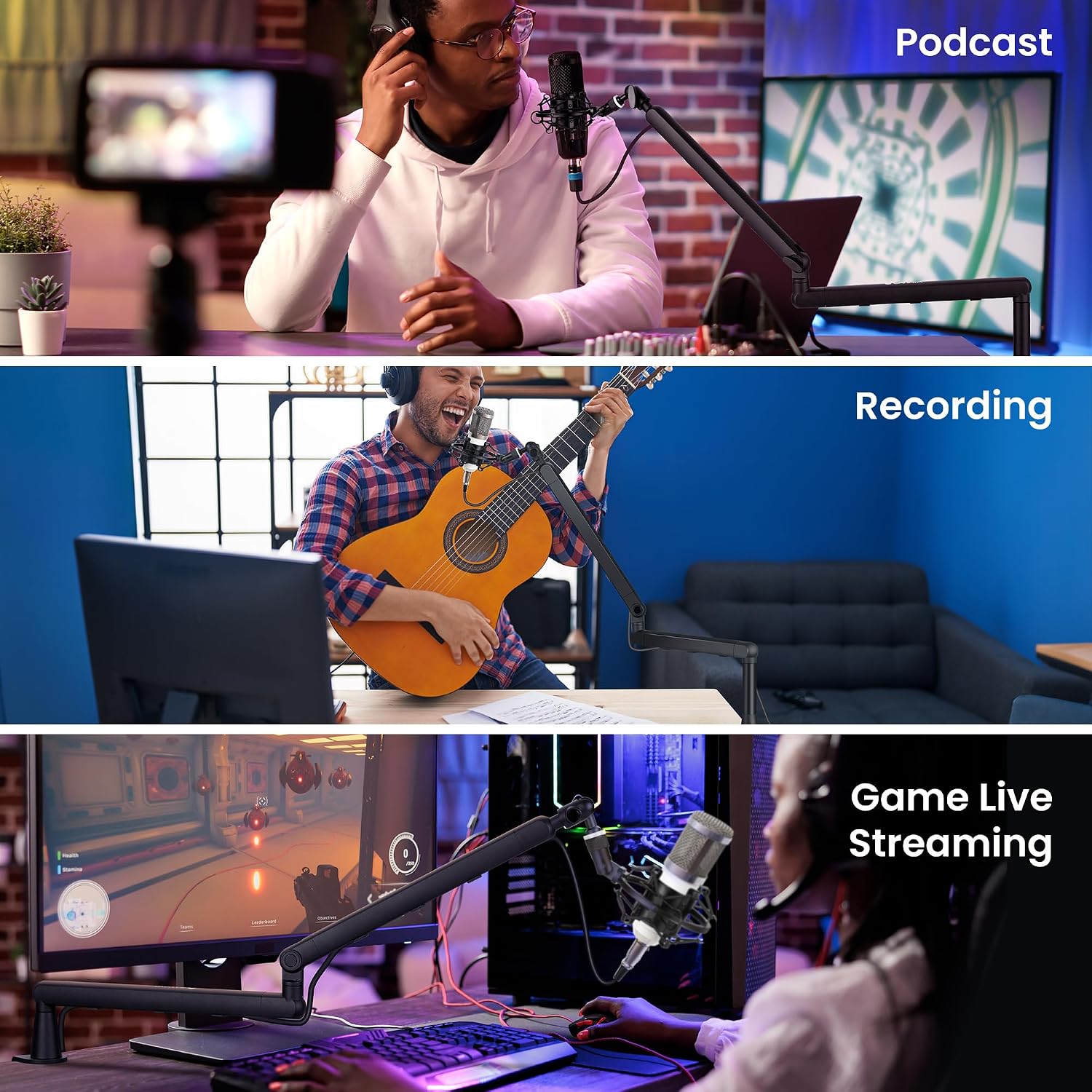 Detalle 2 de CAHAYA Asta Microfono Low Profile: braccio in alluminio per streaming, podcast e registrazione