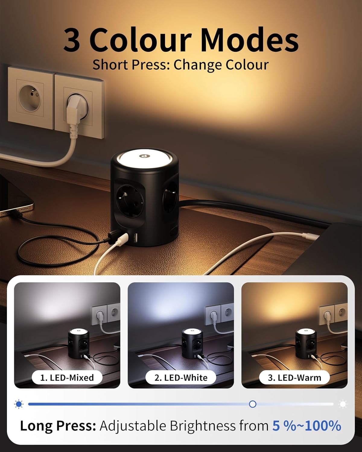 Detalle de Ciabatta Multipresa con Luce: 4 Prese, USB-C e USB-A, 3 Modalità di Illuminazione