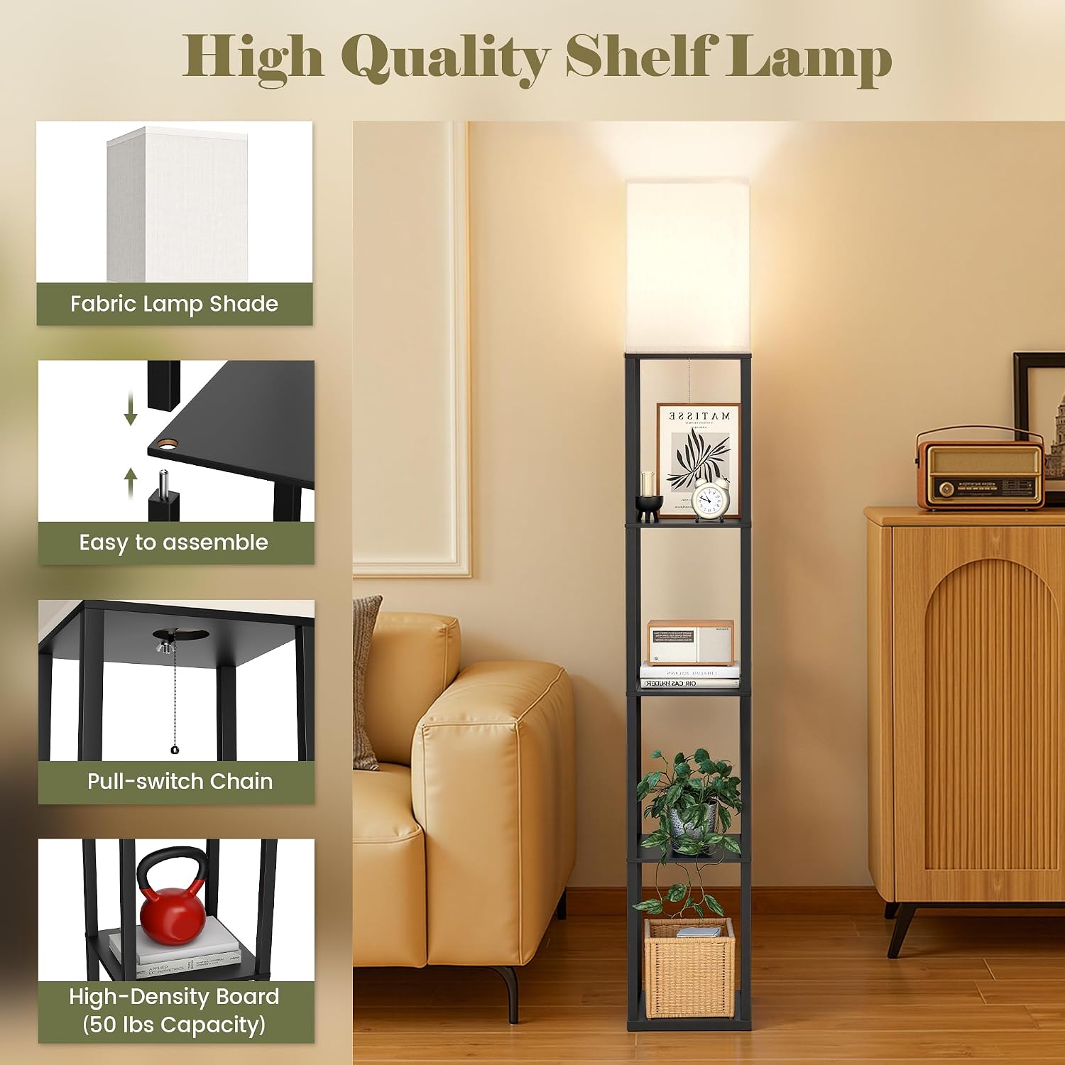 Detalle 2 de AUDERWIN PFL-013 Shelf Floor Lamp with 3-Setting LED and Wood Shelves