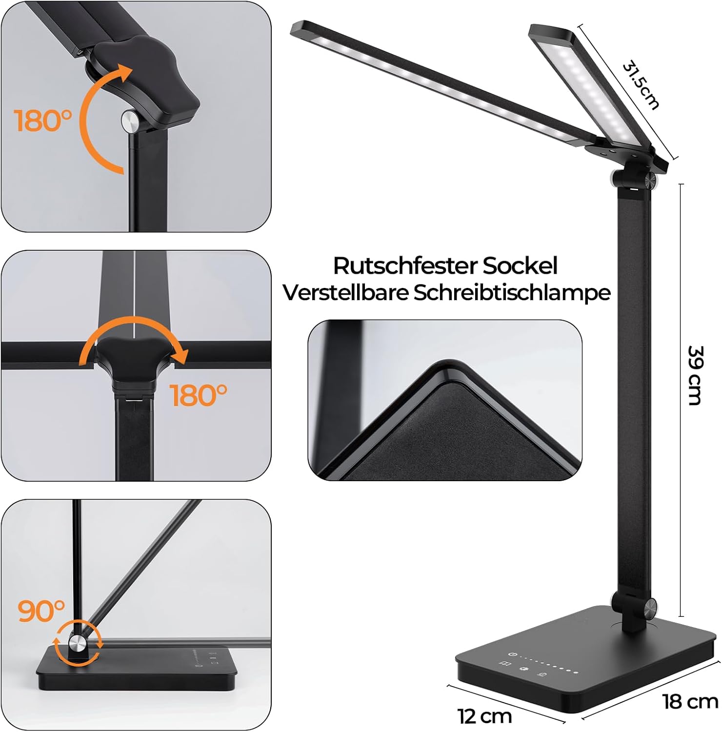 Detalle de JVURICE Schreibtischlampe LED 15W Dimmbare Tischlampe mit 180° Doppelkopf, Timer und USB-Ladefunktion