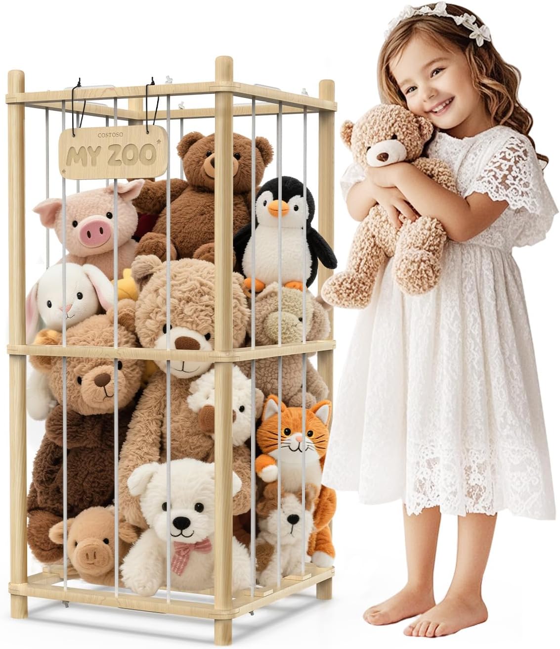 Detalle de FunreemaG SSF3 XJH4 Pine Wood Stuffed Animal Storage Organizer