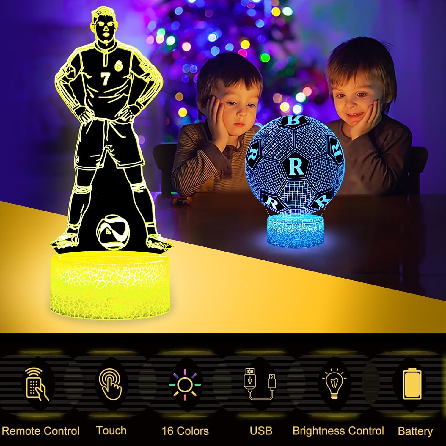 Detalle de Eygerur 2er-Set Ronaldo-Fußballer Nr. 7 Nachtlicht mit 3D-LED-Effekt, Fernbedienung & Touch
