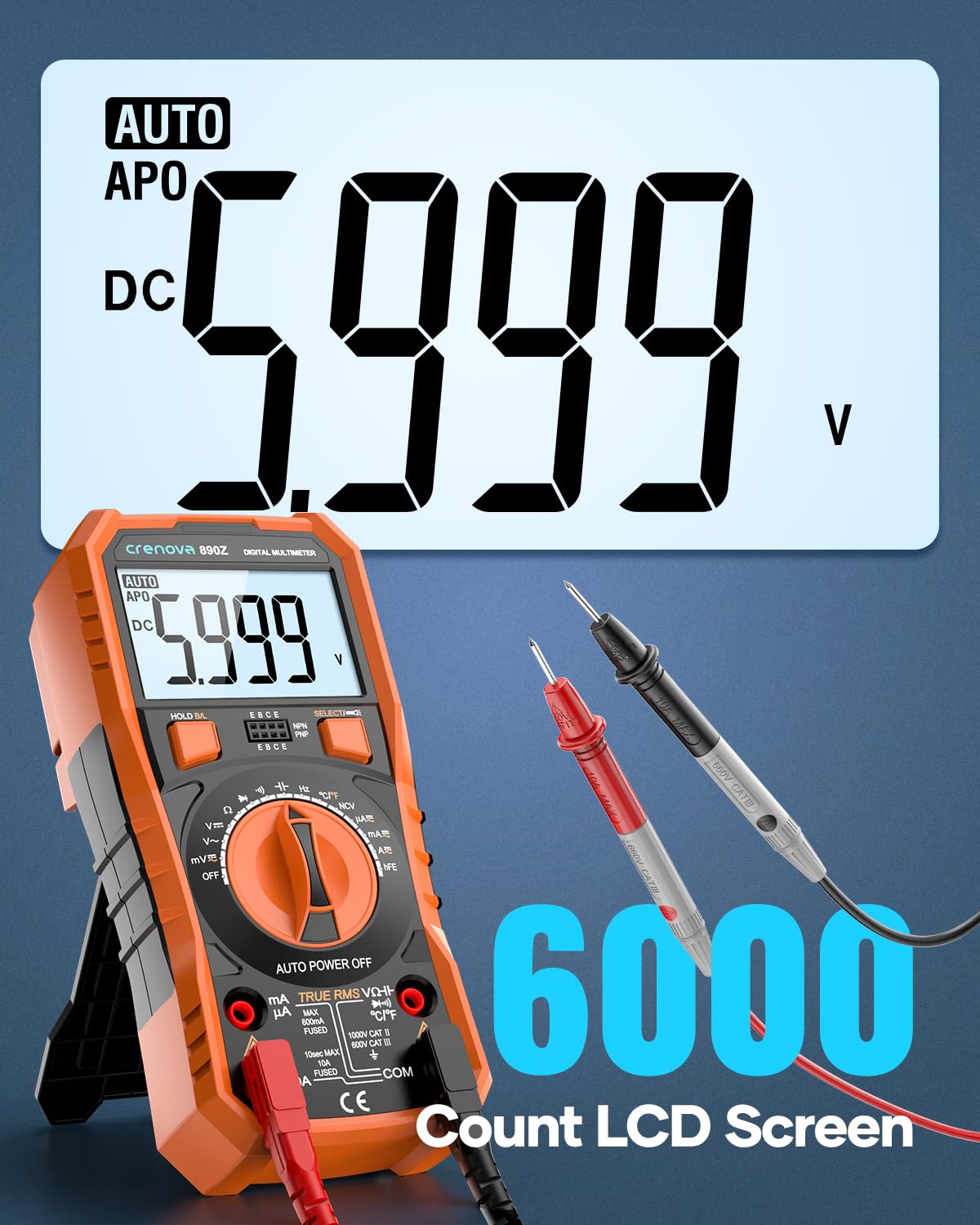 Detalle 2 de Crenova Digital Multimeter 890Z (Orange) – 6000 counts TRMS auto-ranging multimeter with probes