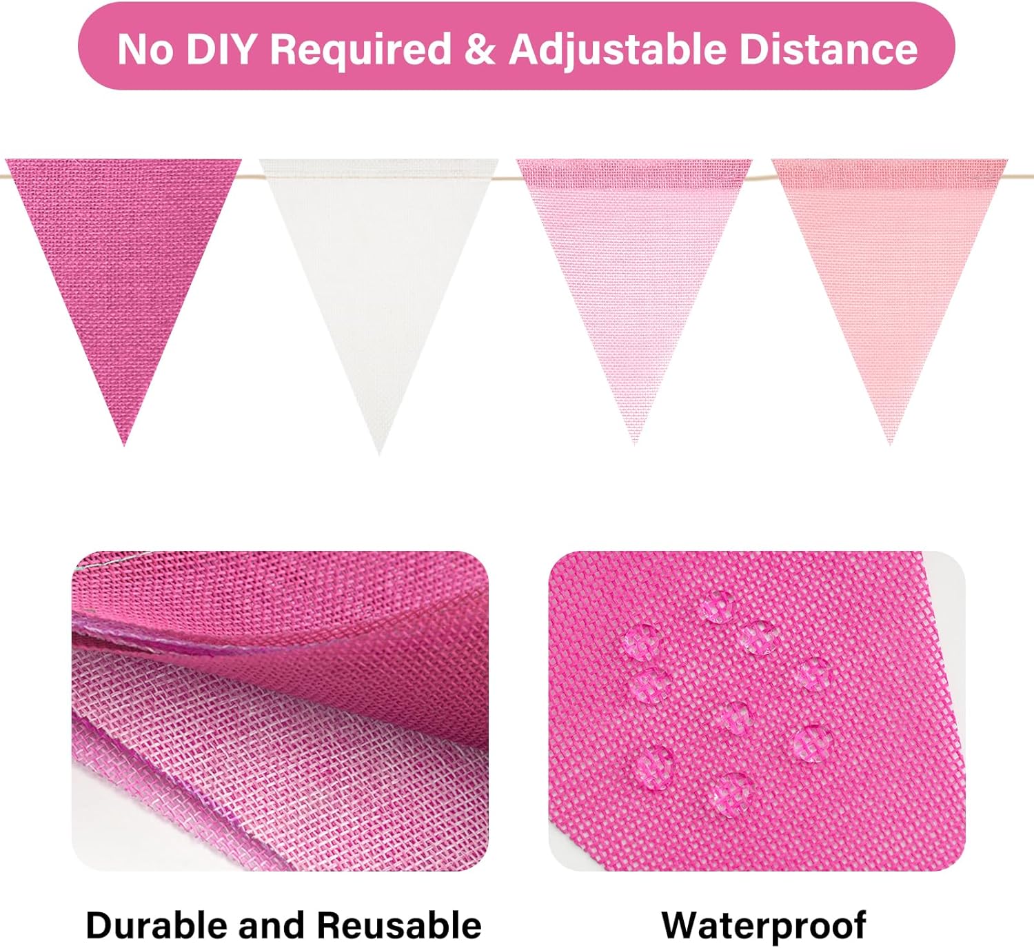 Detalle 2 de jijAcraft 36PCS Pink Burlap Bunting with 12M Pre-strung Hessian Banner