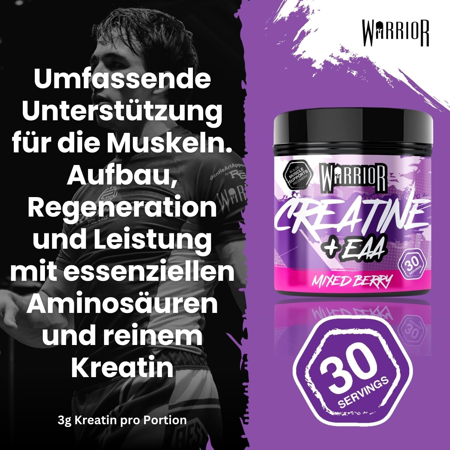 Thumbnail 4 de Warrior Kreatin Monohydrat Pulver + EAA Aminosäuren (270 g, 30 Portionen) – Waldbeere