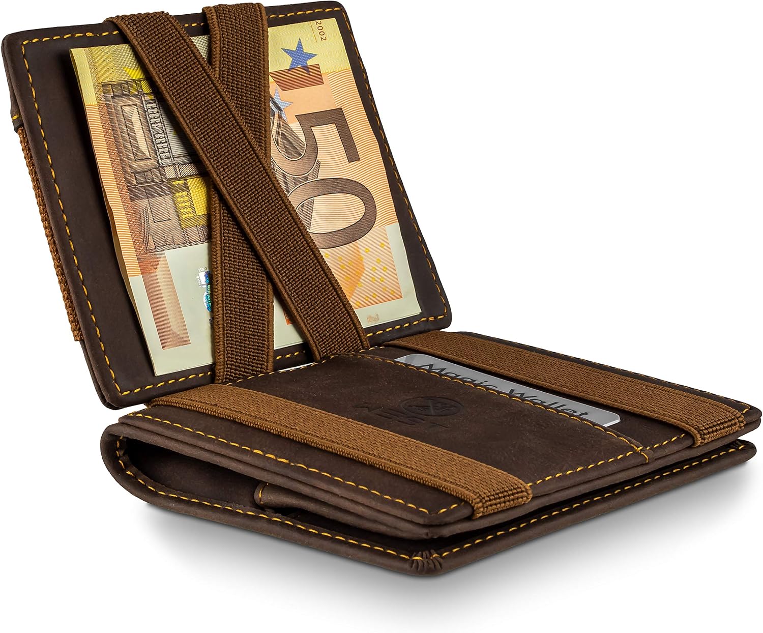 Detalle de WEST Magic Wallet (Klassiker) mit großem Münzfach – RFID Datenschutz Geldbeutel inkl. Geschenkbox in Braun/Orange