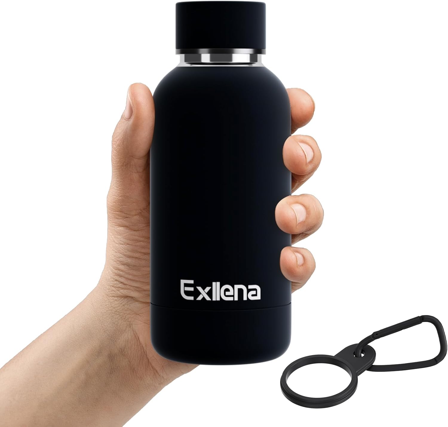 Detalle de Exllena 350ml Double Wall Vacuum Insulated Bottle with Clip (Black) – Keeps Drinks Cold for 24h, Hot for 12h