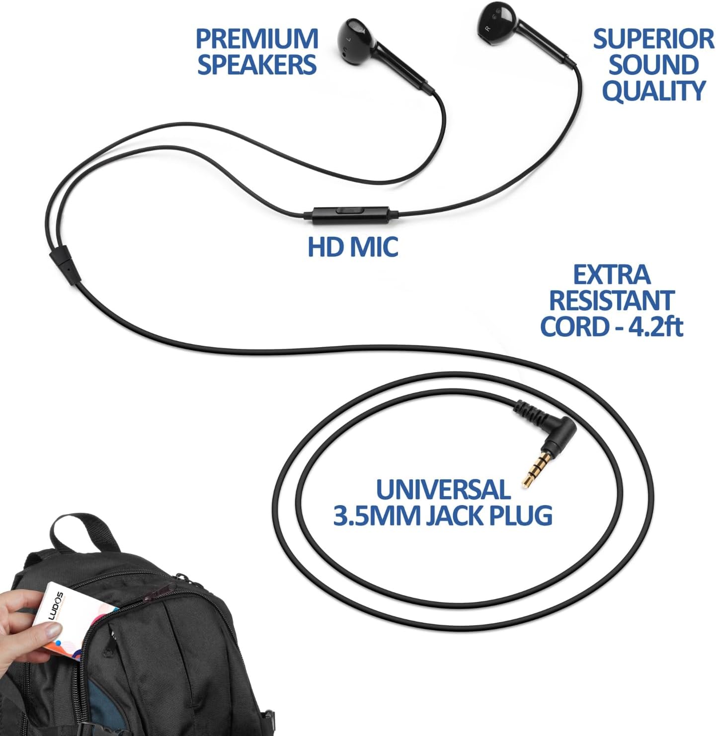 Thumbnail 1 de LUDOS Zenith In Ear Kopfhörer mit Kabel und Mikrofon – 3,5 mm, 1,3 m, 5-Jahre Garantie, Schwarz
