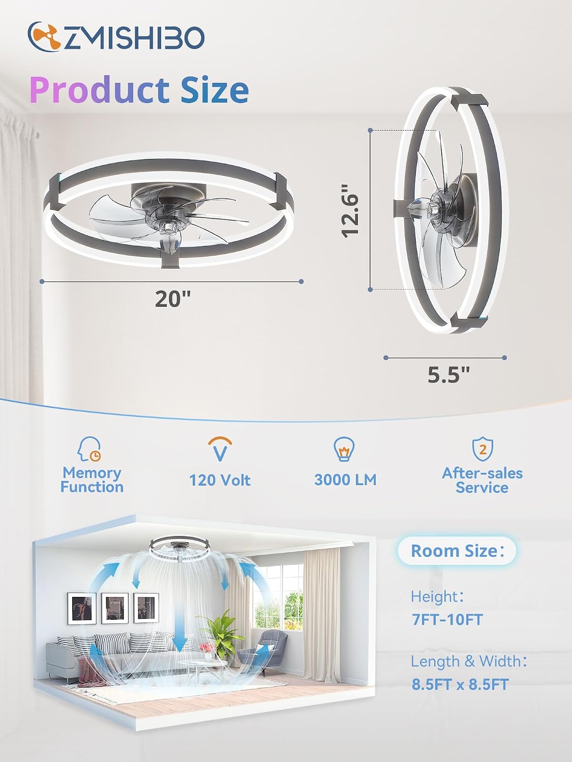 Detalle 2 de ZMISHIBO 20-Inch Low-Profile Ceiling Fan with RGB Lights and Remote