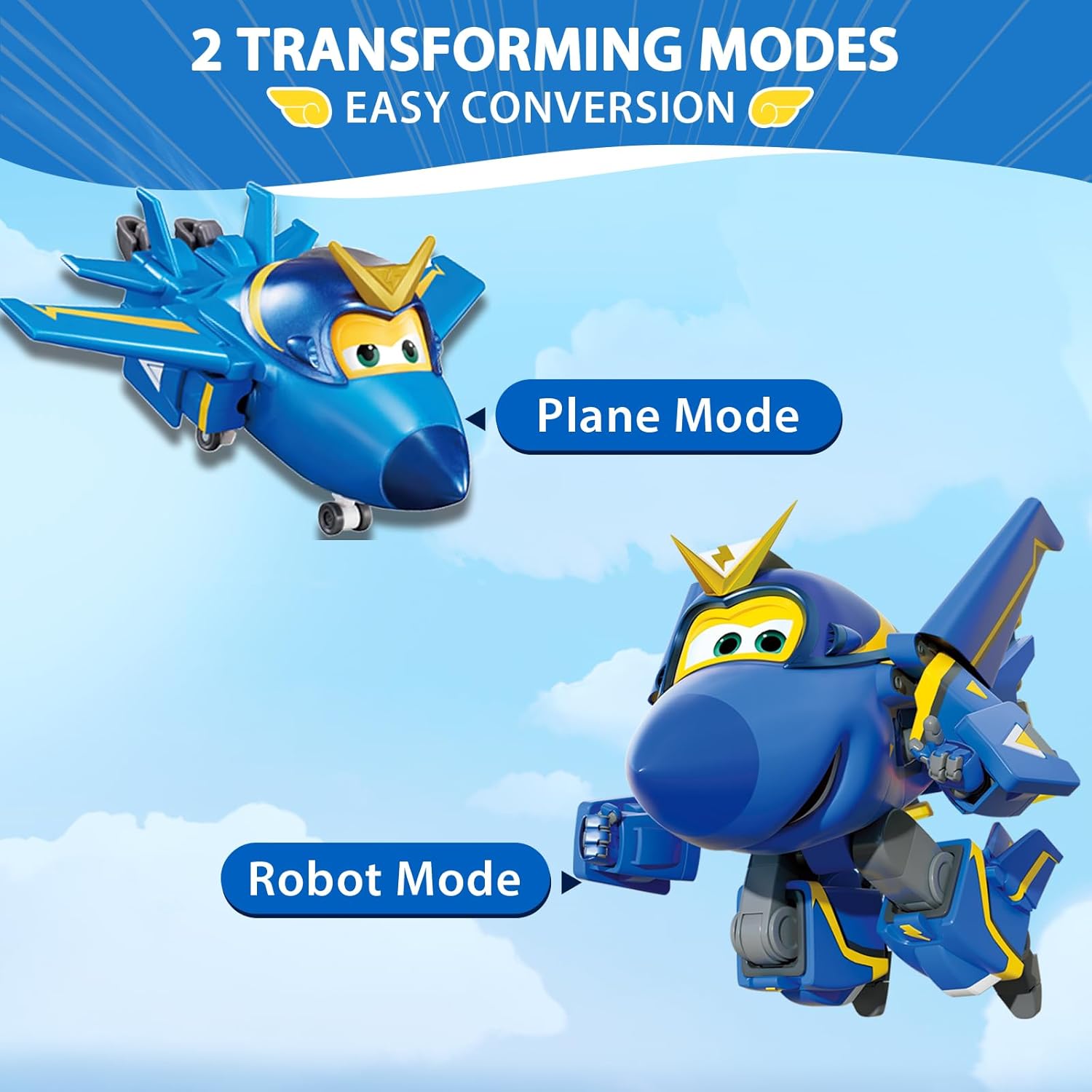 Detalle 2 de Super Wings Jerome Flugzeug (Transforming) – umwandelbares Spielzeug für Kinder von 3 bis 8 Jahren, 12 cm, blau