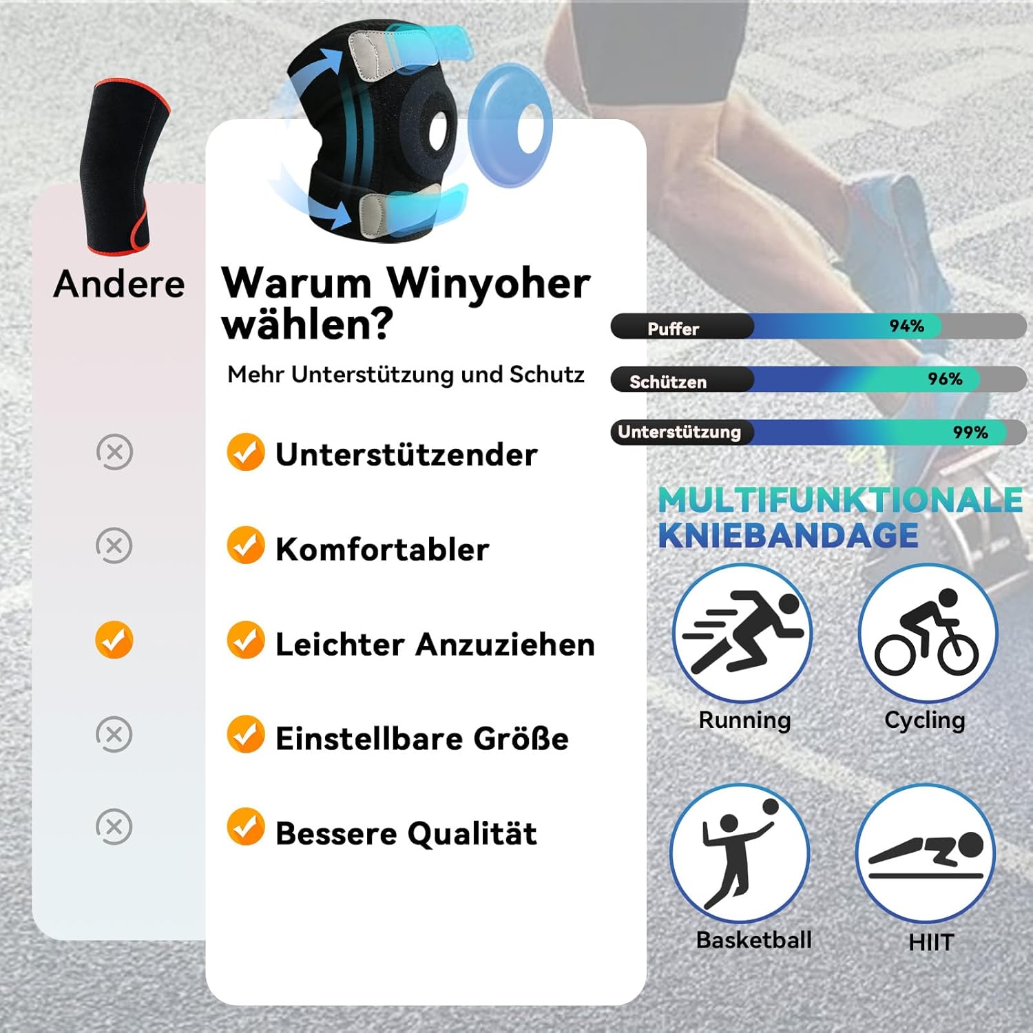 Thumbnail 6 de Kniebandage mit Kettverschluss und Stabilisation (Neopren/Mesh) für Meniskus, Arthrose & Sport – Winyoher