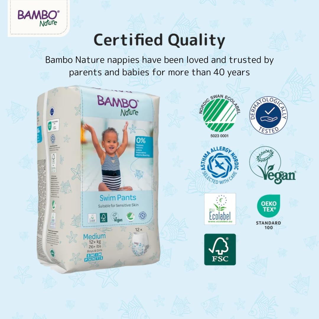 Detalle 2 de Bambo Nature Premium Swim Nappy Pants (Medium, 12+ kg) – Disposable eco-labelled swim nappies